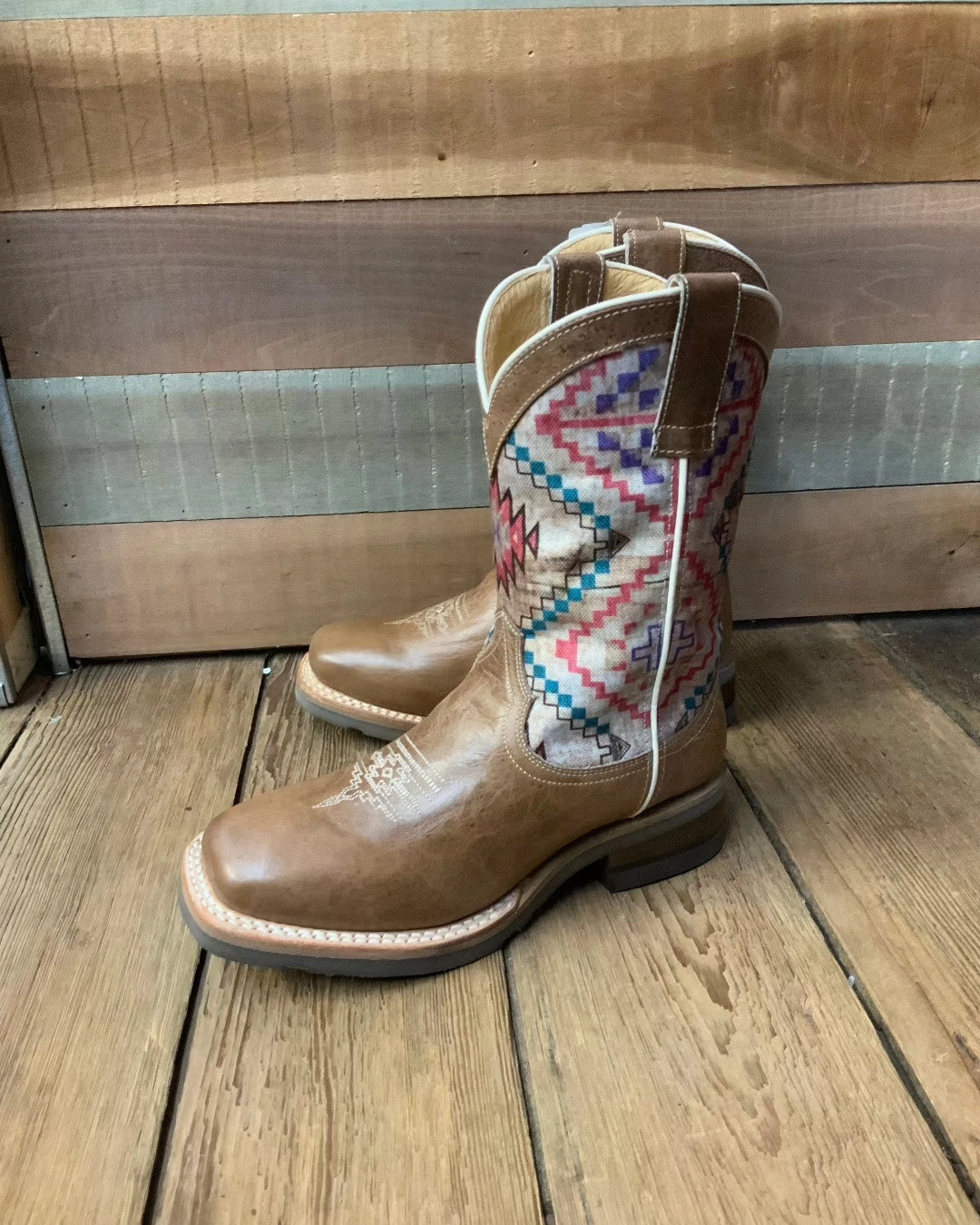 Roper Children/Youth Beige Burnished Brown Native Design Square Toe Western Boot 7023-8454 Neutral palette