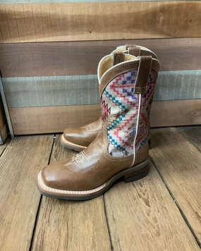 Roper Children/Youth Beige Burnished Brown Native Design Square Toe Western Boot 7023-8454 Neutral palette