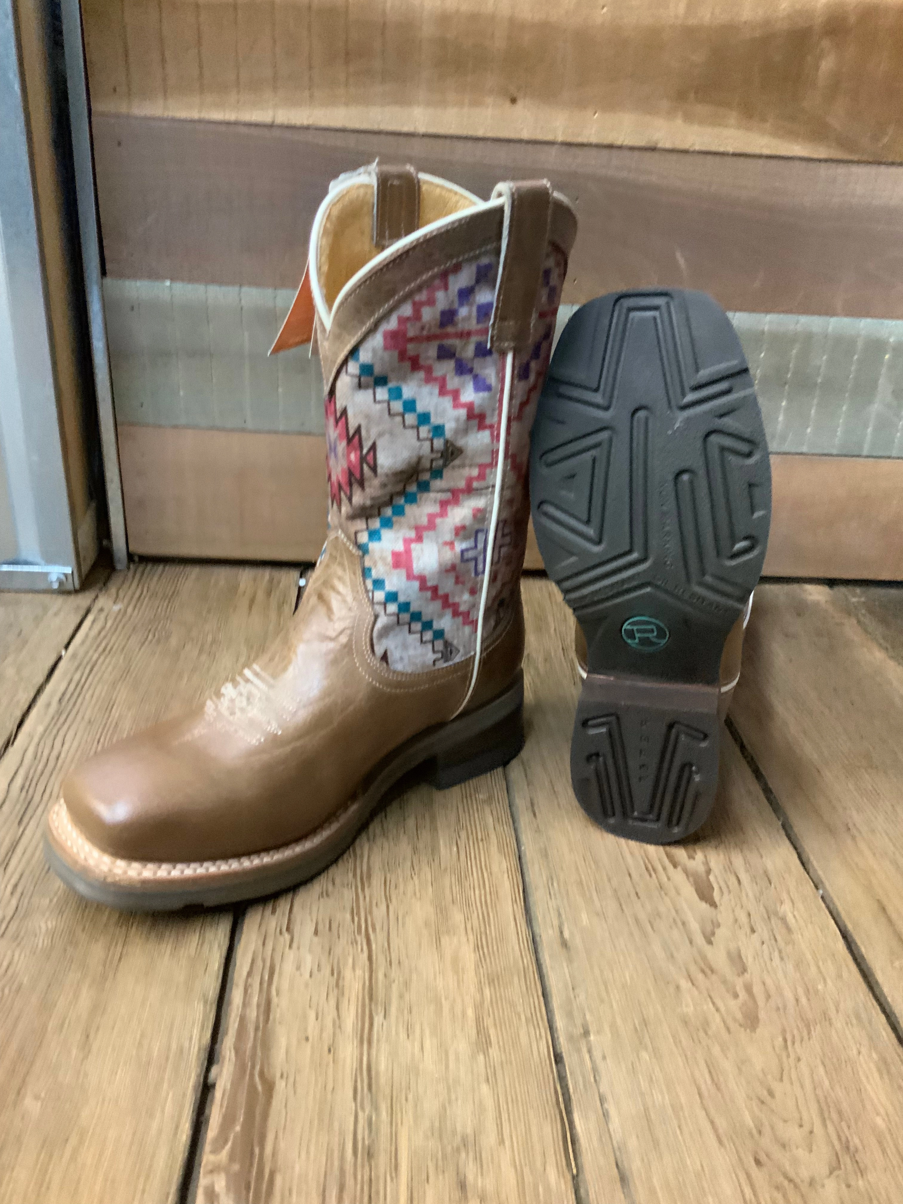 Roper Children/Youth Beige Burnished Brown Native Design Square Toe Western Boot 7023-8454 High Quality Leather Warehouse Work