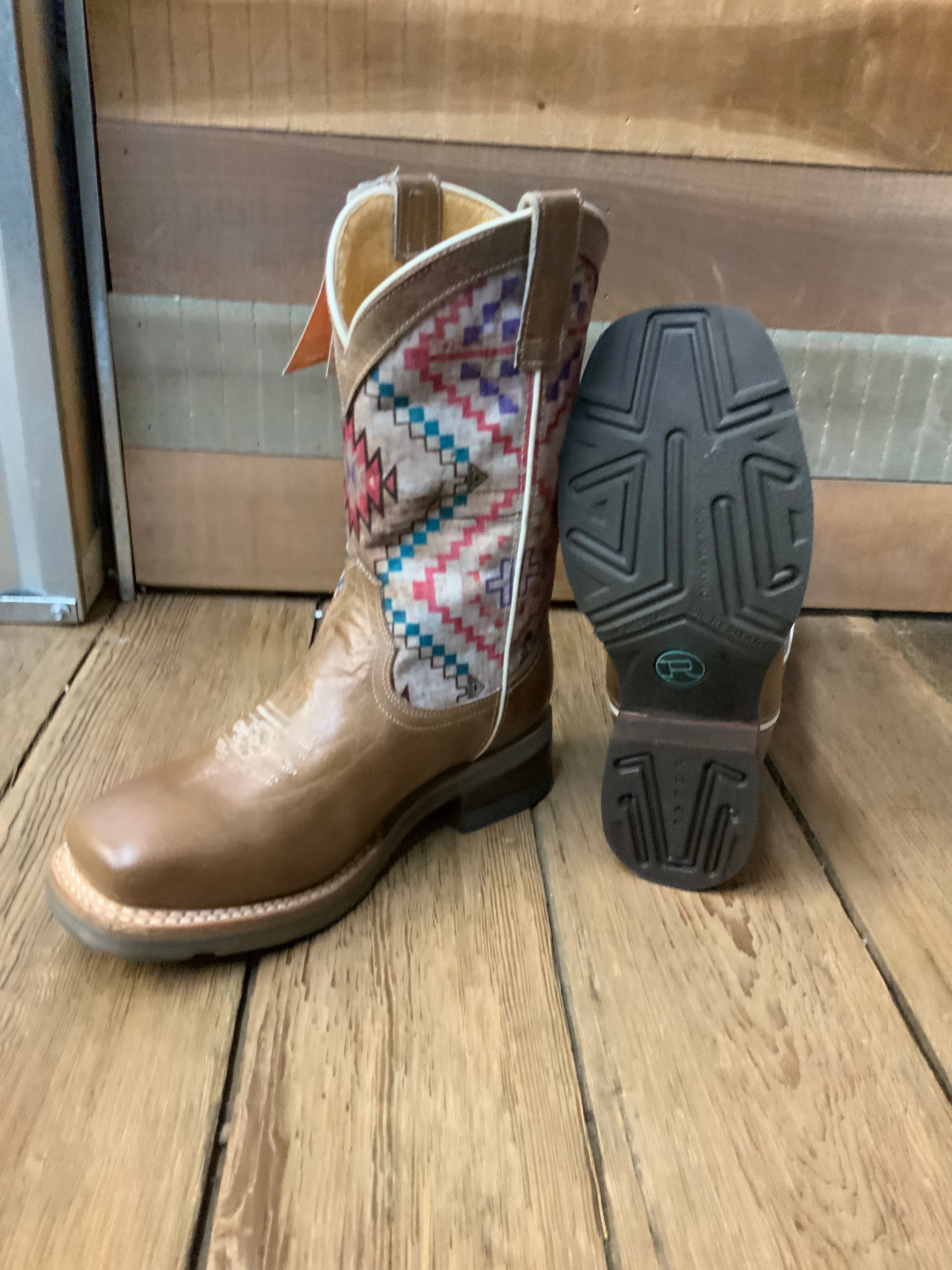 Roper Children/Youth Beige Burnished Brown Native Design Square Toe Western Boot 7023-8454 High Quality Leather Warehouse Work