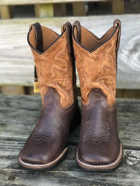 Roper Childrens Monterey Brown Leather & Tan Top Square Toe Western Boots 0911-2408 Stud Look Outdoor Mission