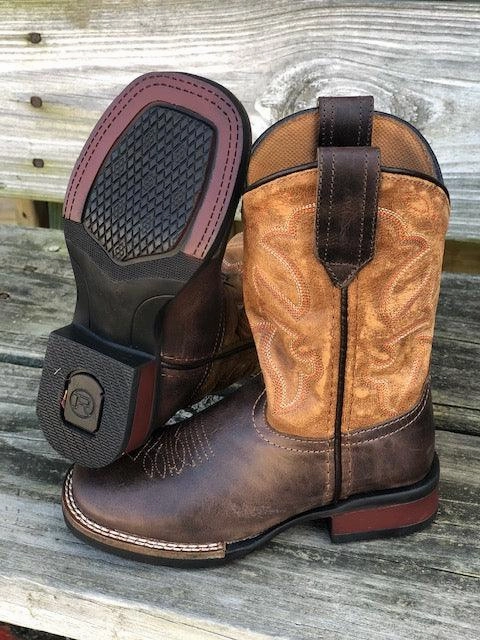 Roper Childrens Monterey Brown Leather & Tan Top Square Toe Western Boots 0911-2408 Weekend Hike