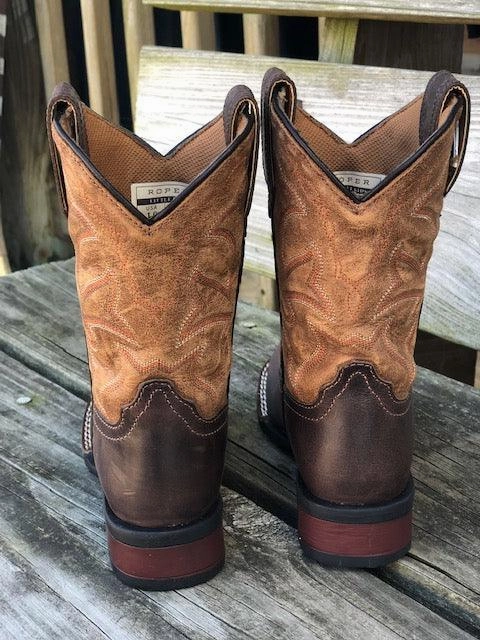 Multi-Function Wear synthetic leather Roper Childrens Monterey Brown Leather & Tan Top Square Toe Western Boots 0911-2408