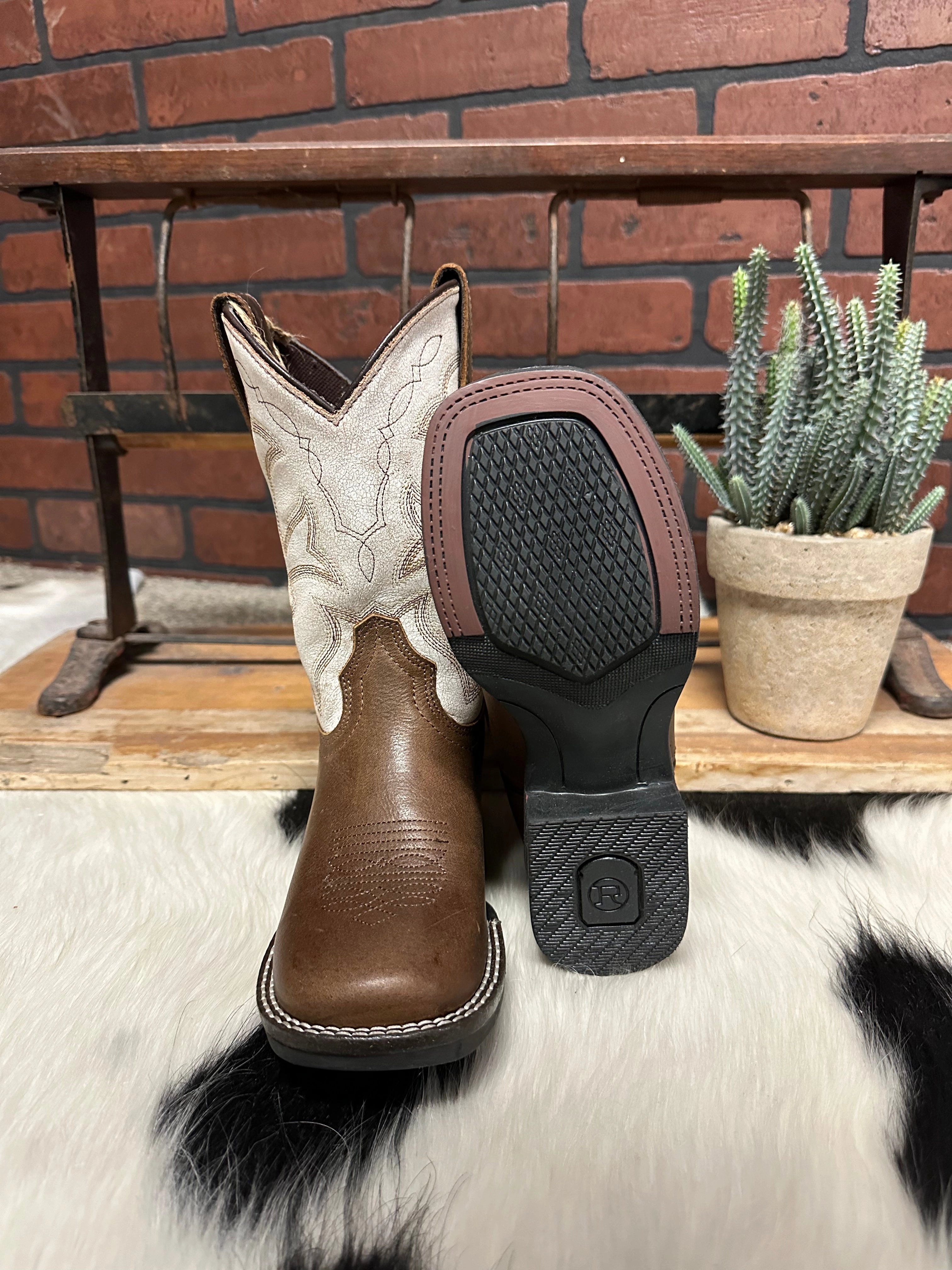 Long Walk Utility Design Roper Childrens Monterey Brown Leather & White Top Square Toe Cowboy Boots 0911-2941