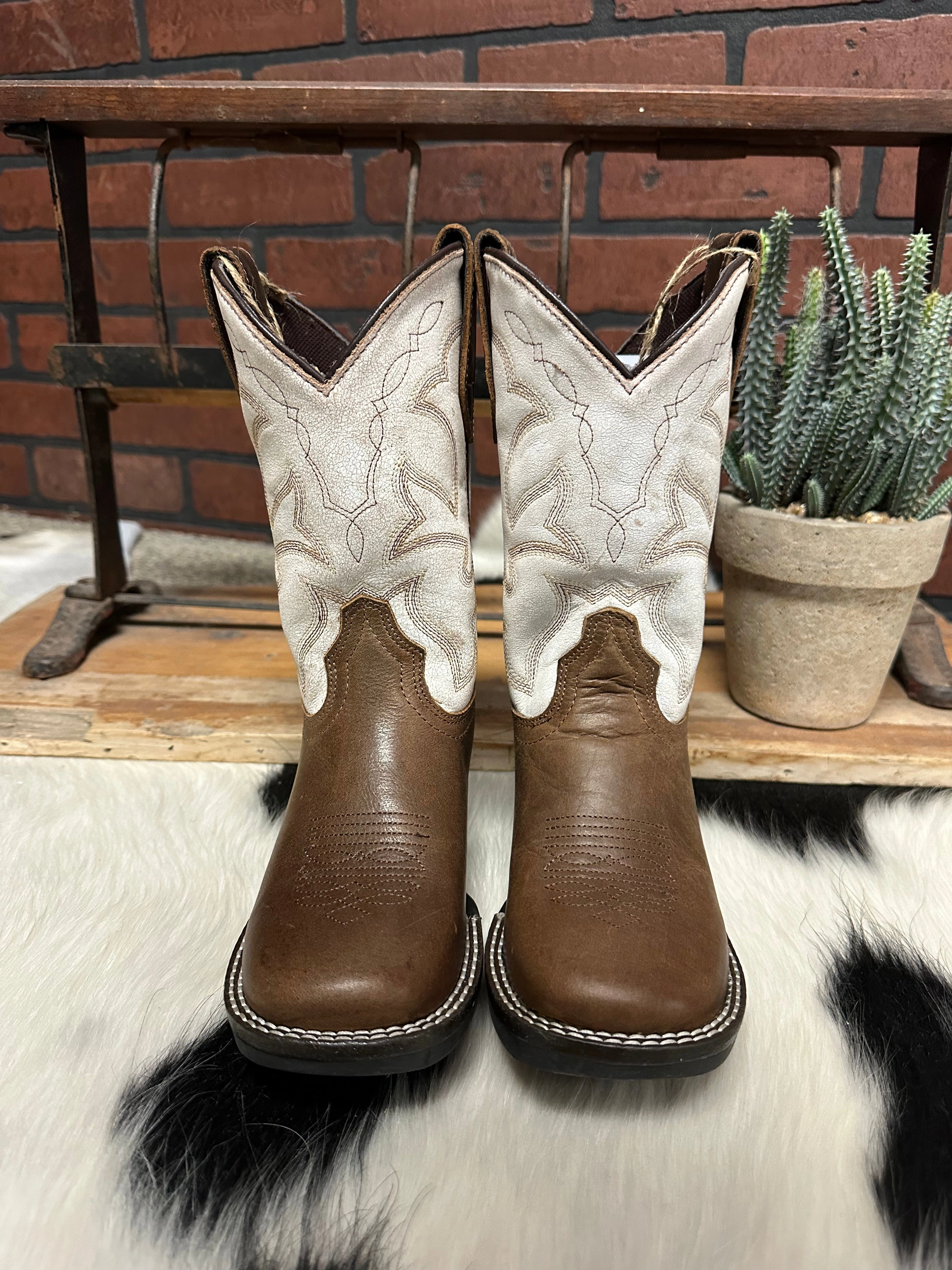 Side Zip Roper Childrens Monterey Brown Leather & White Top Square Toe Cowboy Boots 0911-2941