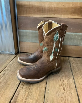 Comfortable Style Party Goer Roper Girl's Brown Leather with Feathers & Arrow Embroidery Square Toe Cowgirl Boots 7023-8460