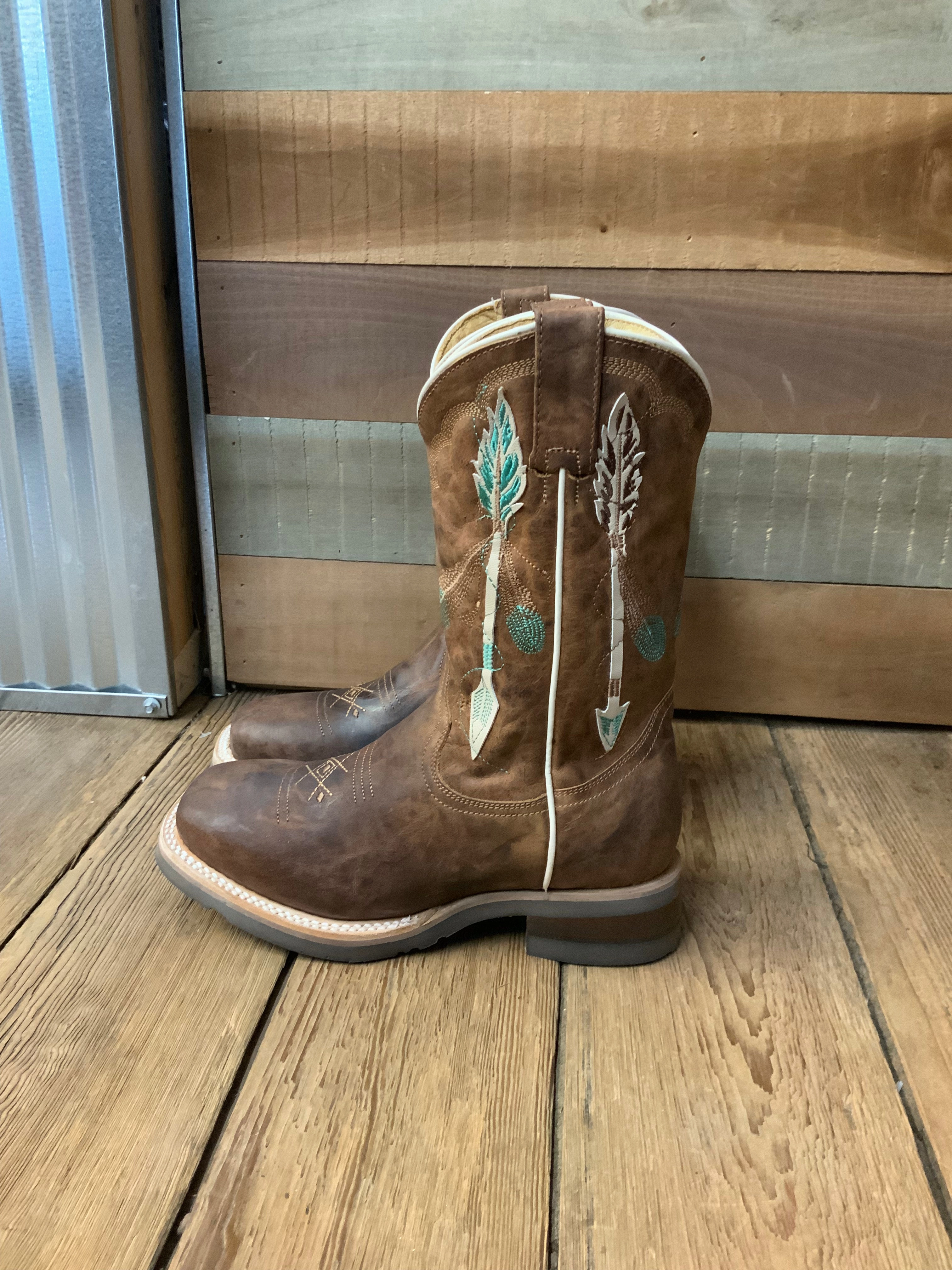 Dry Comfort Roper Girl's Brown Leather with Feathers & Arrow Embroidery Square Toe Cowgirl Boots 7023-8460