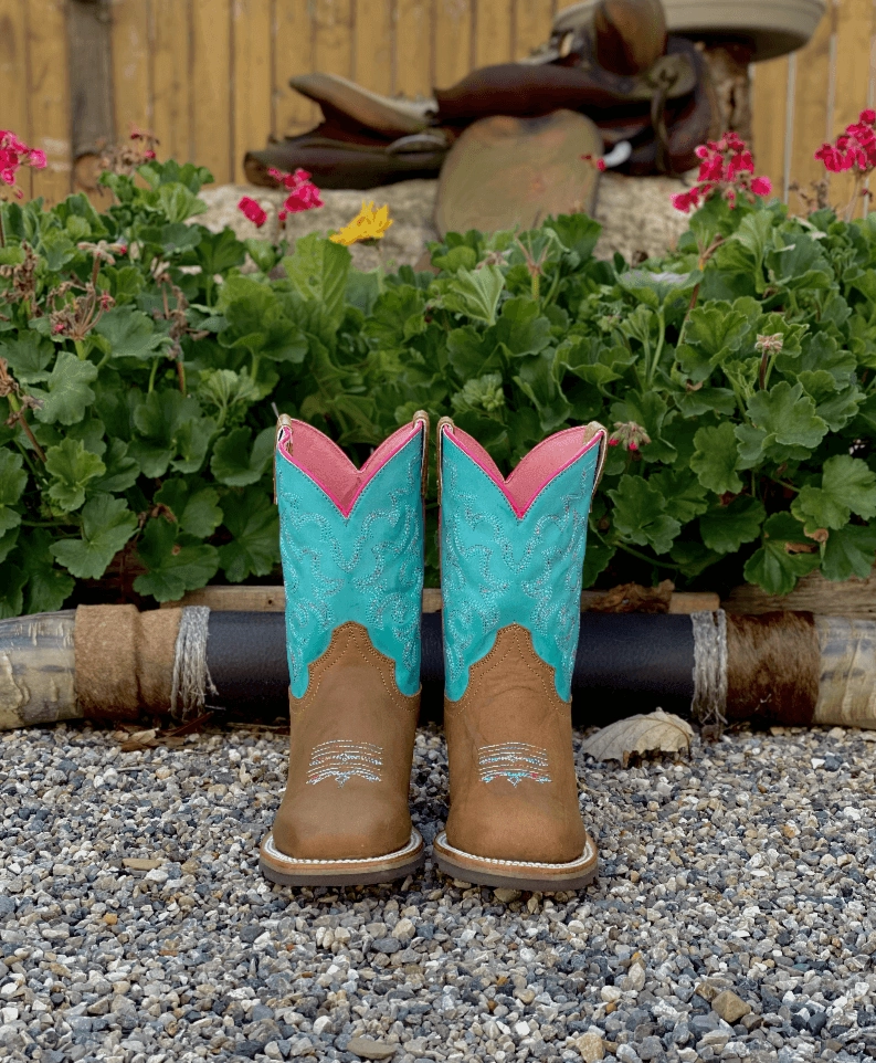Winter Trek Roper Girl's Children & Youth Twisty Tan and Turquoise Square Toe Cowgirl Boots 9991-0073
