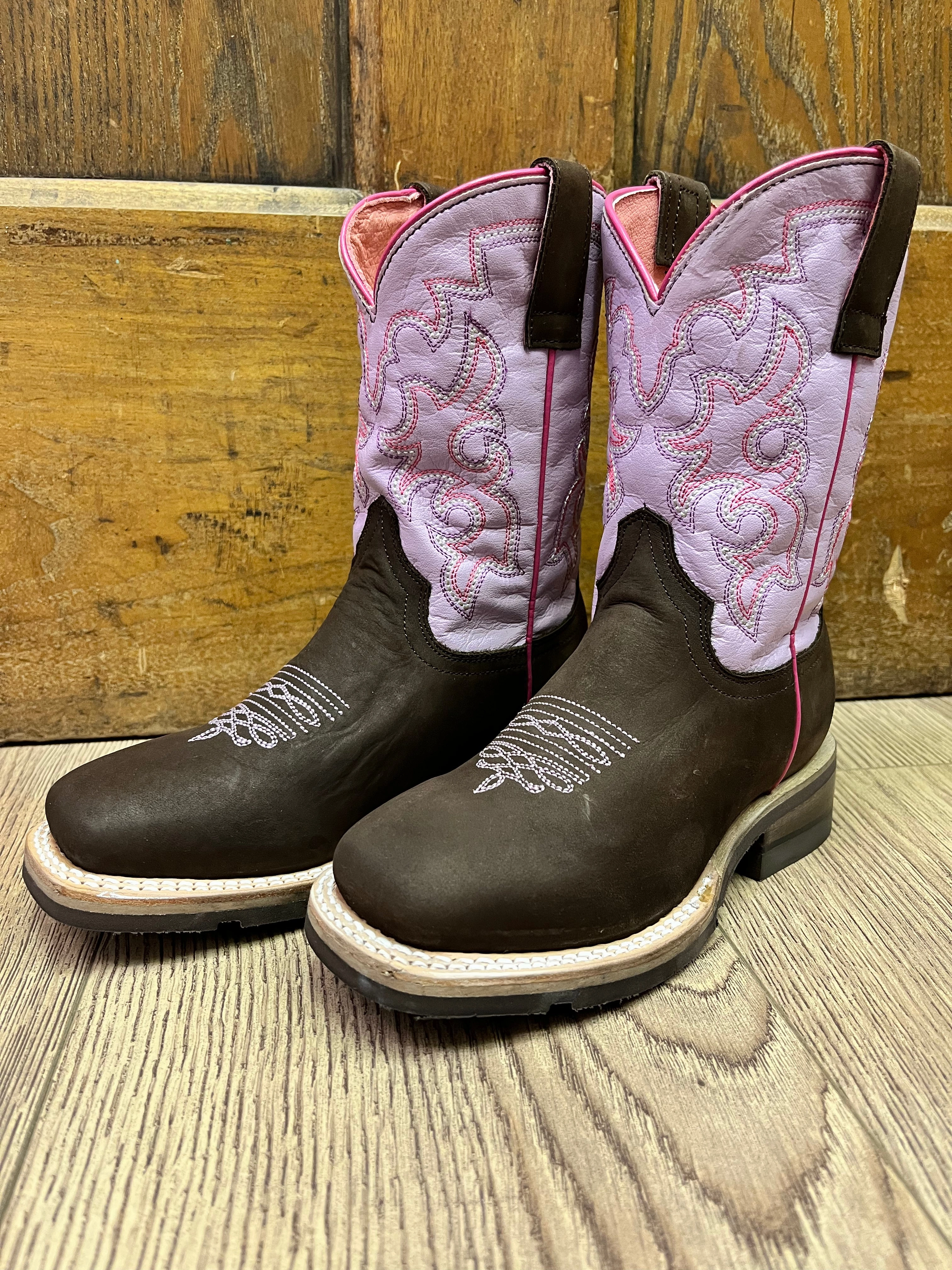 Roper Girl's Timeless Dark Brown and Pink Square Toe Cowgirl Boots 9991-0125 High Ankle Support