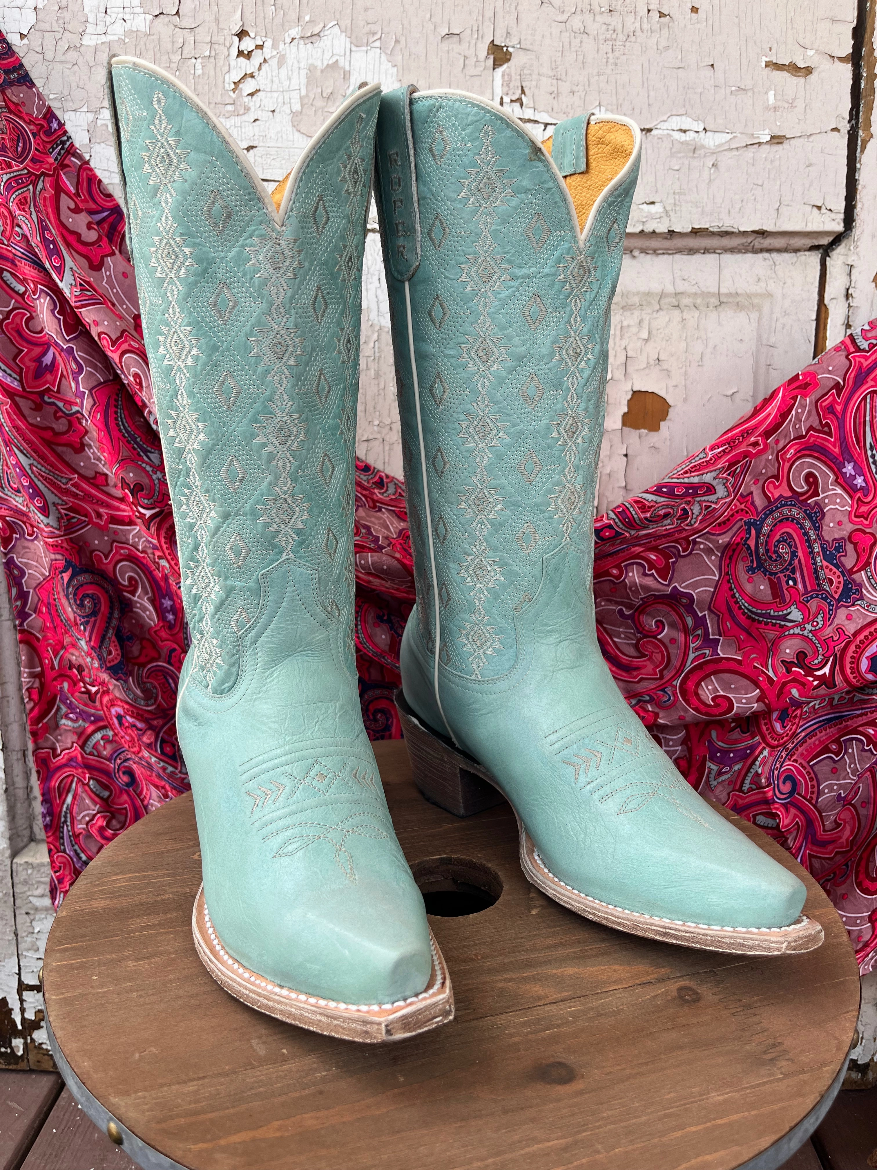 Roper Women's Anika Light Blue Turquoise Aztec Embroidered Snip Toe Cowgirl Boots 7619-8586 All-Weather Wear