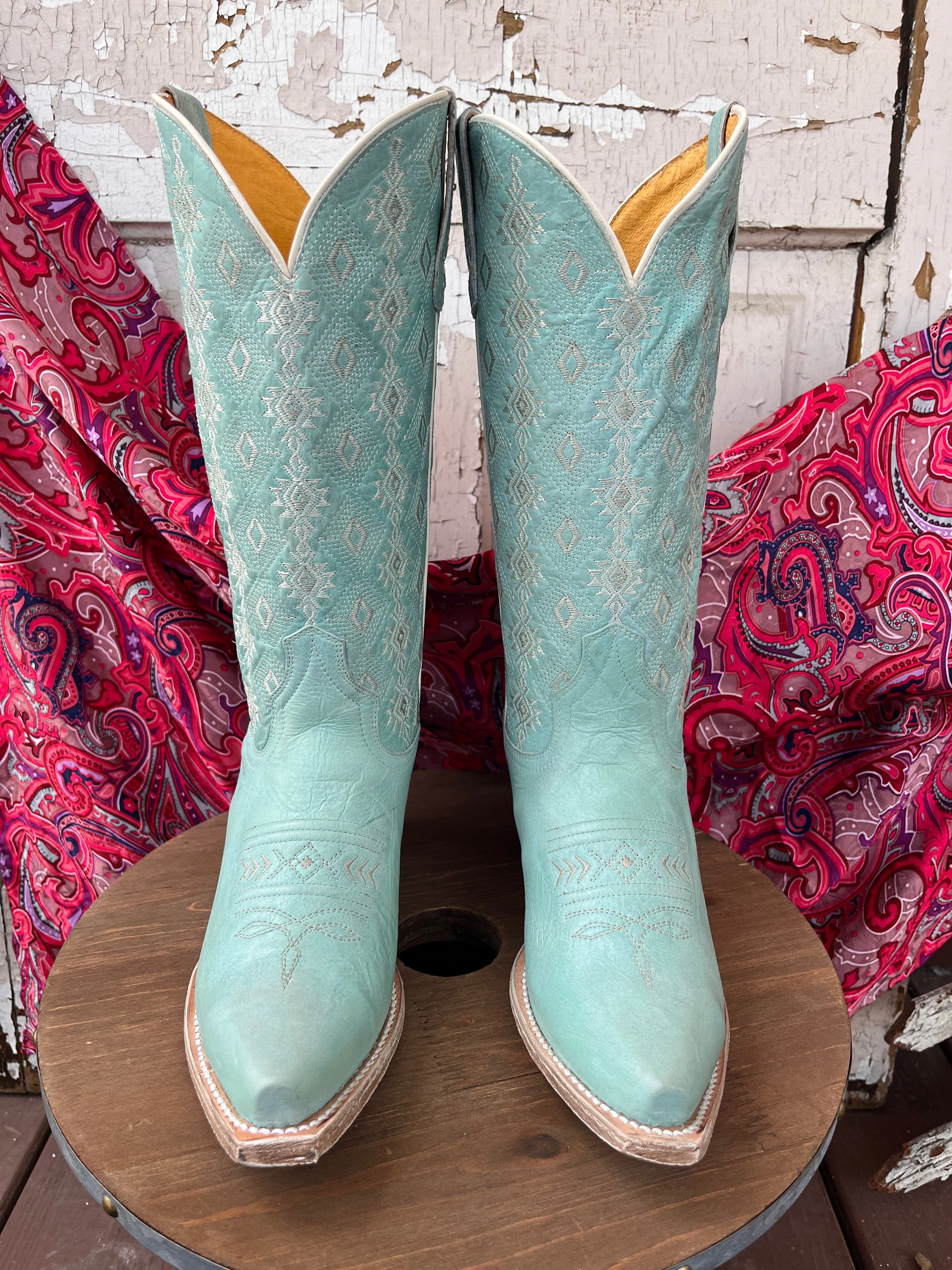 Soft Lining Brown Earth Roper Women's Anika Light Blue Turquoise Aztec Embroidered Snip Toe Cowgirl Boots 7619-8586
