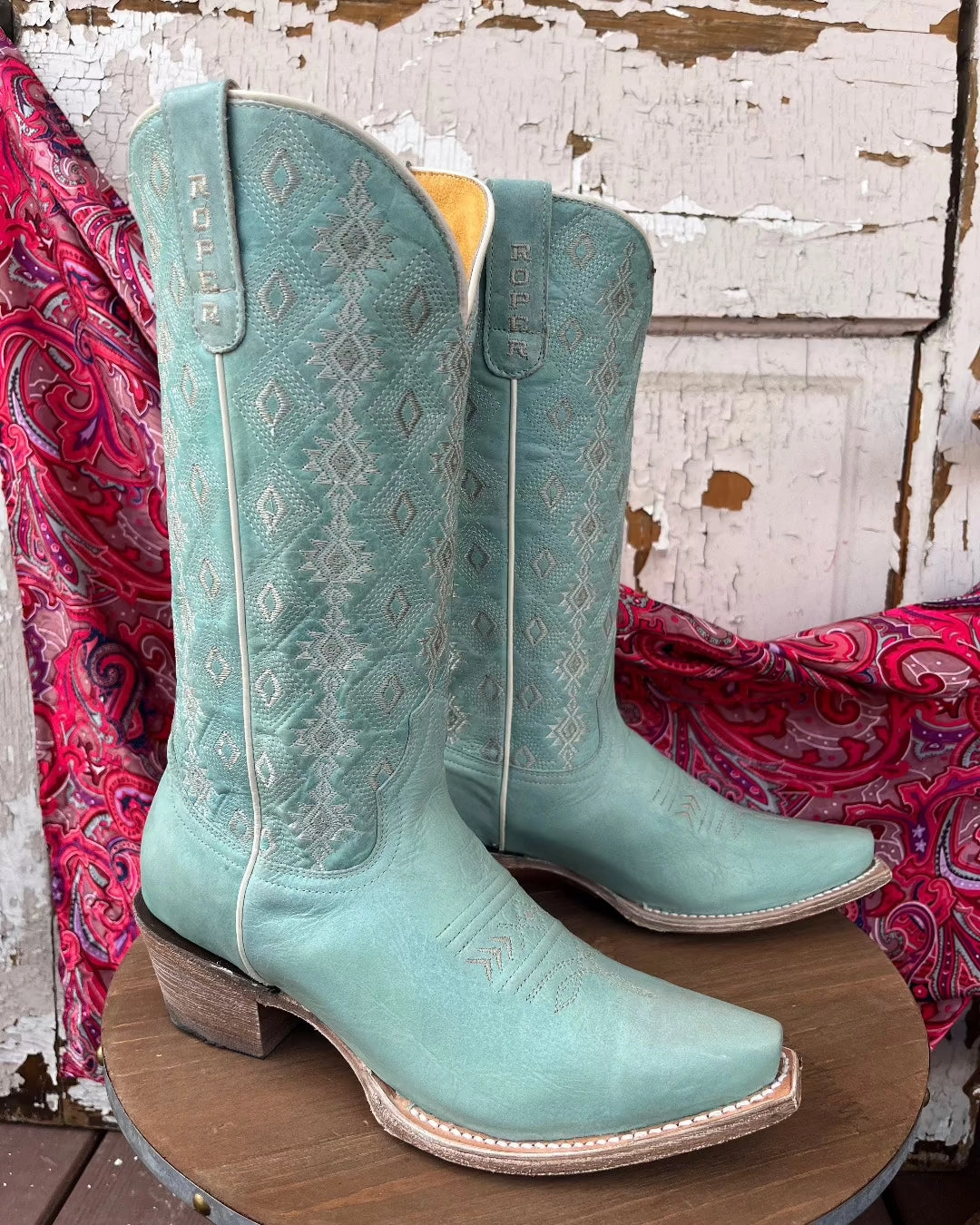 Roper Women's Anika Light Blue Turquoise Aztec Embroidered Snip Toe Cowgirl Boots 7619-8586 Sharp Look Office Smart