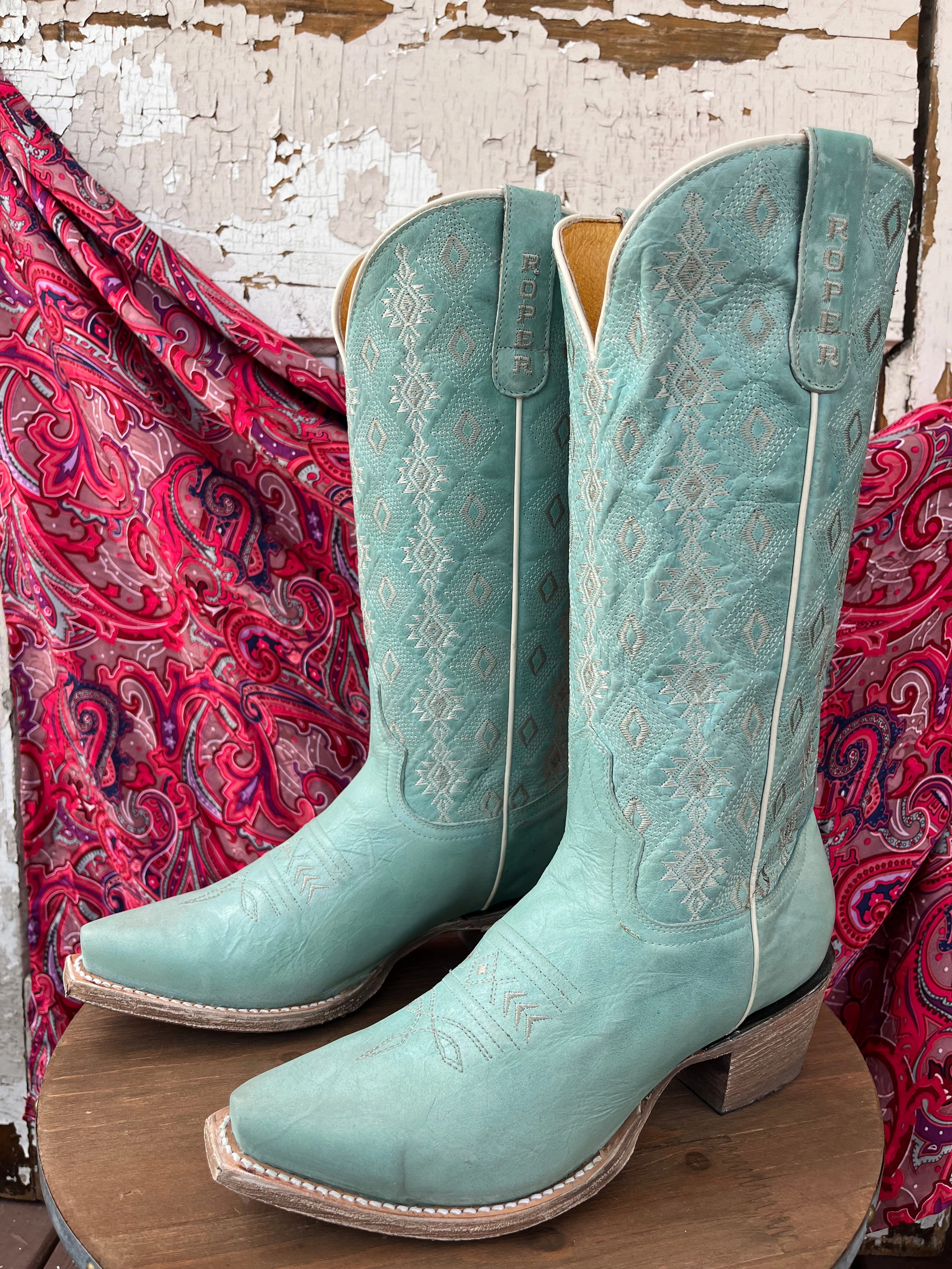 Roper Women's Anika Light Blue Turquoise Aztec Embroidered Snip Toe Cowgirl Boots 7619-8586 Minimal Design High-Top Style