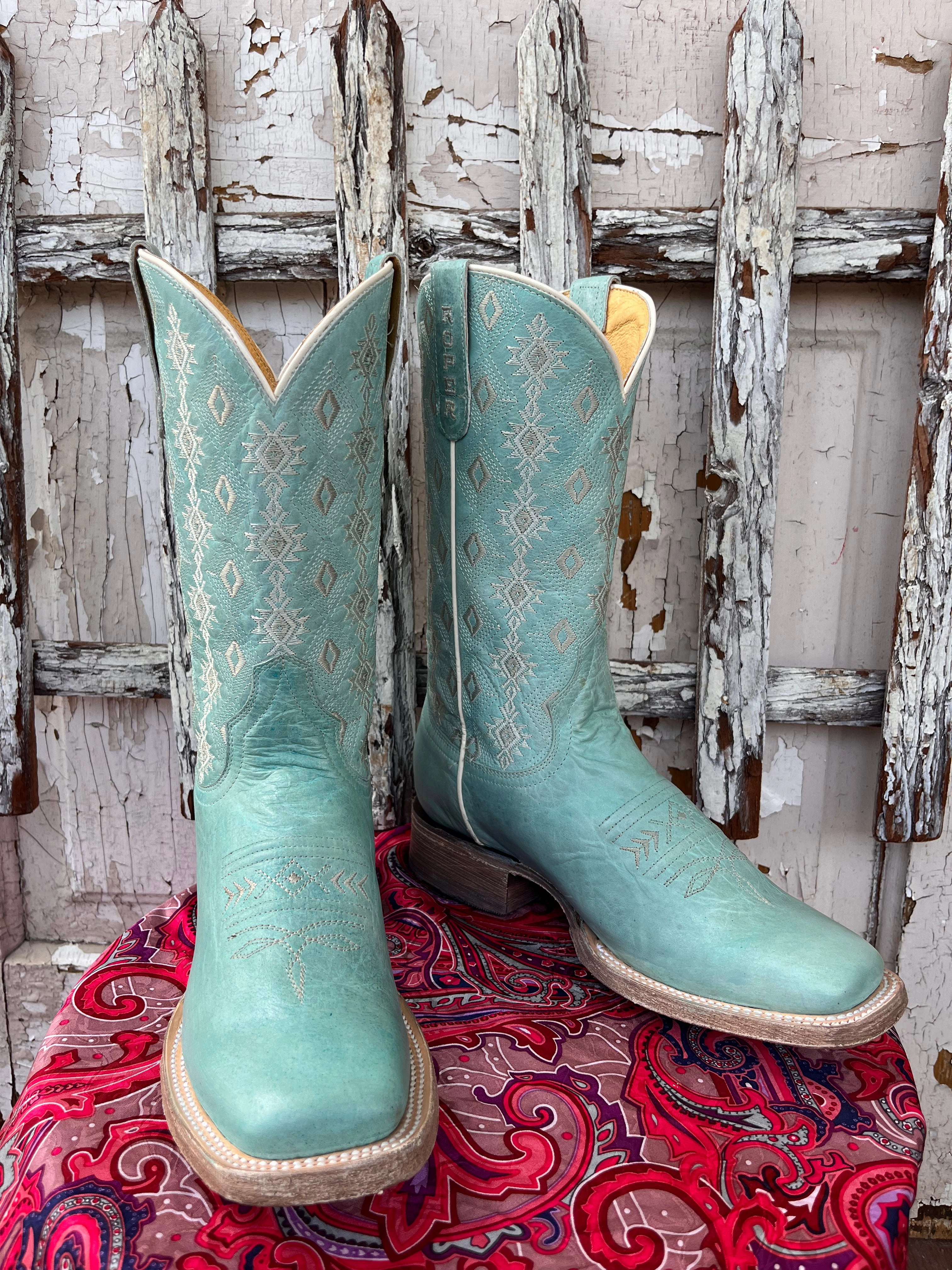 Roper Women's Anika Light Blue Turquoise Aztec Embroidered Square Toe Cowgirl Boots 7016-8586 Comfortable Shank