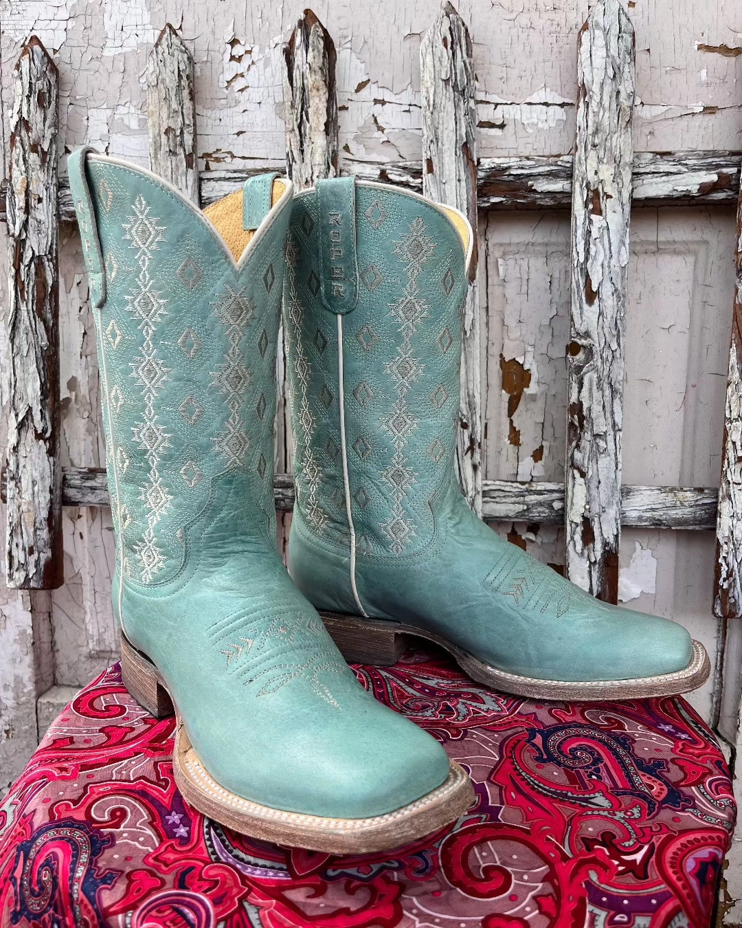 Anti-Friction Roper Women's Anika Light Blue Turquoise Aztec Embroidered Square Toe Cowgirl Boots 7016-8586