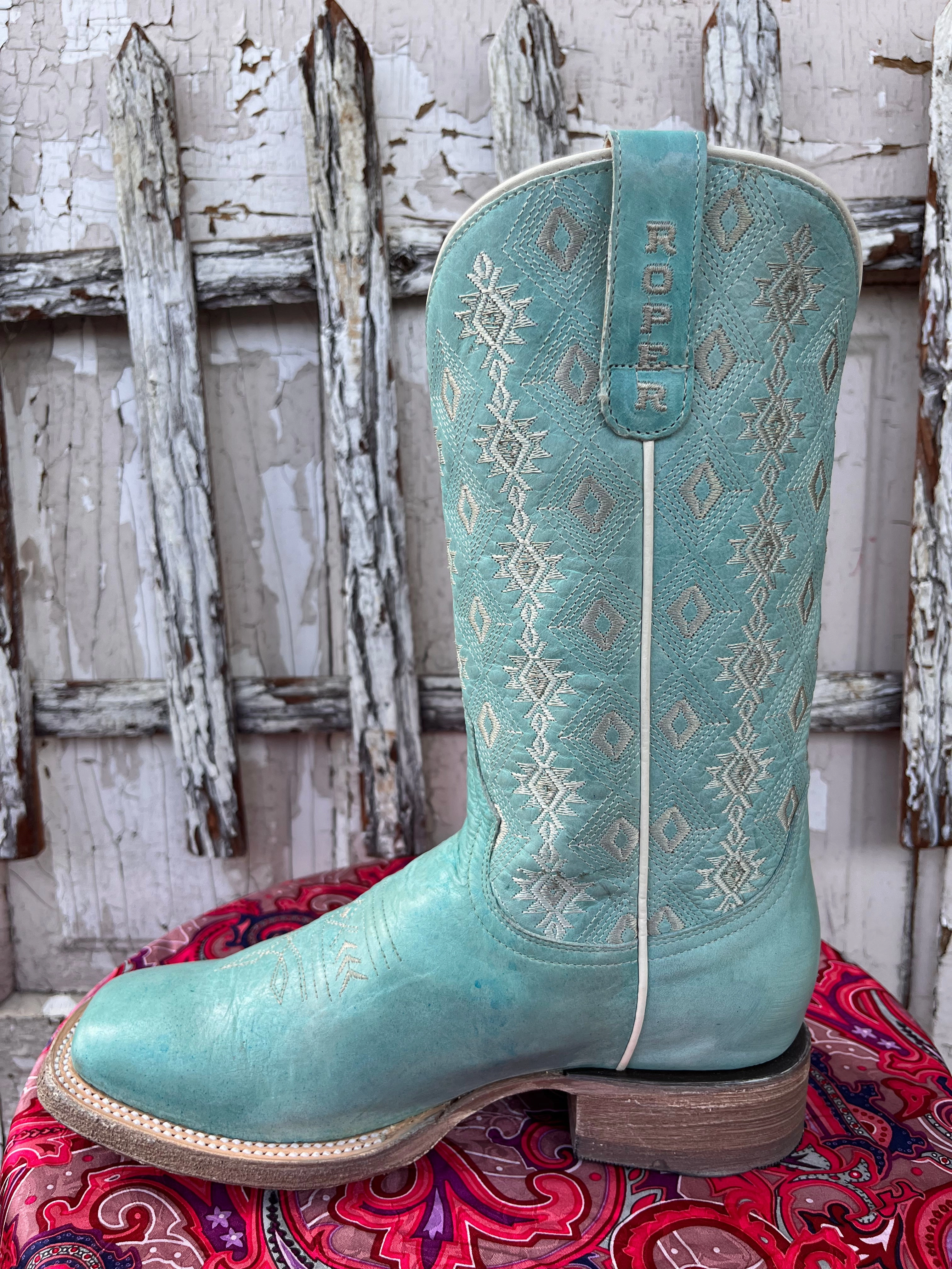 Comfortable Footwear Roper Women's Anika Light Blue Turquoise Aztec Embroidered Square Toe Cowgirl Boots 7016-8586