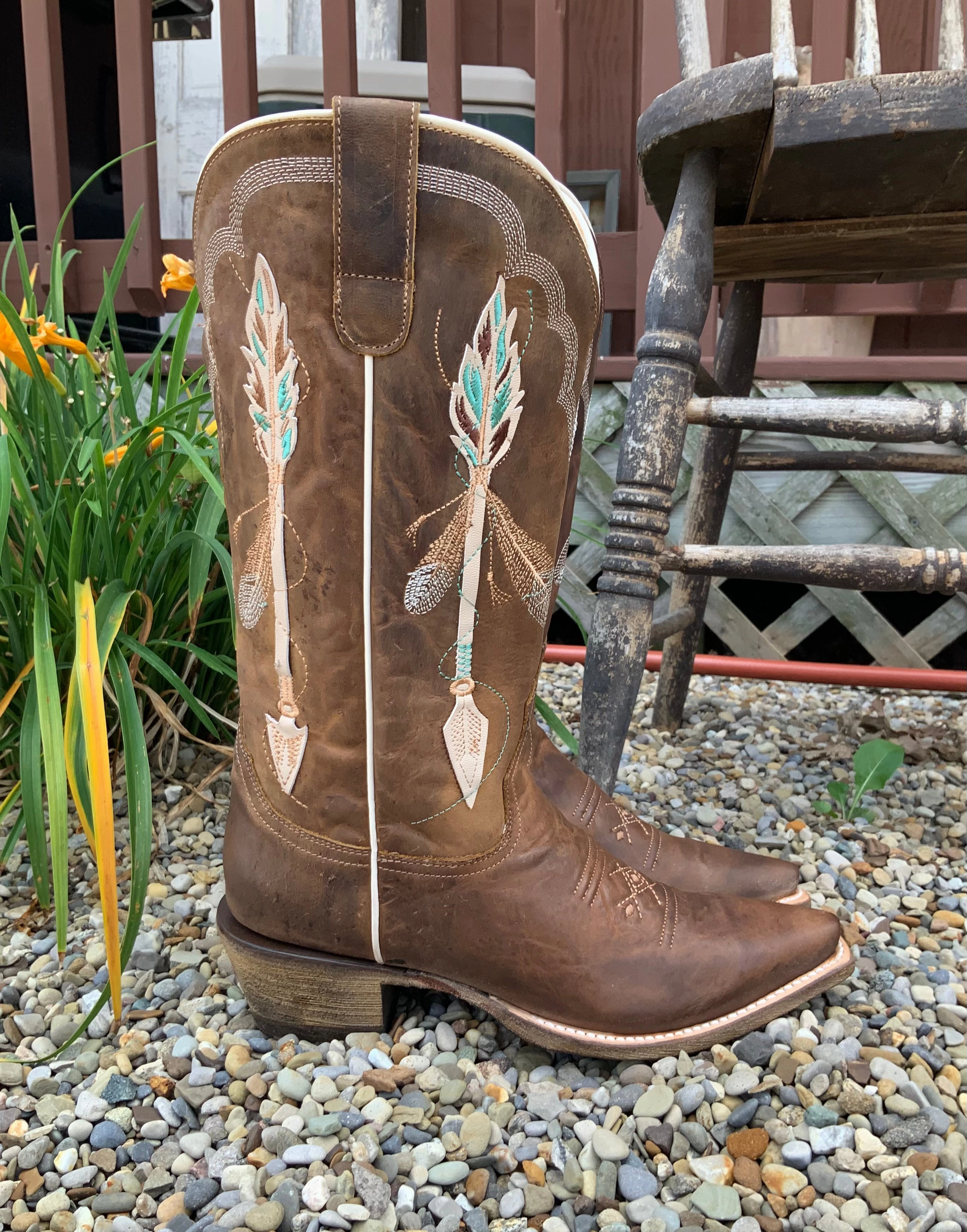 Roper Women's Brown Leather Arrow & Feather Embroidered Wide Calf Snip Toe Cowgirl Boots 8128-8460 Quiet Sole Camping Trip