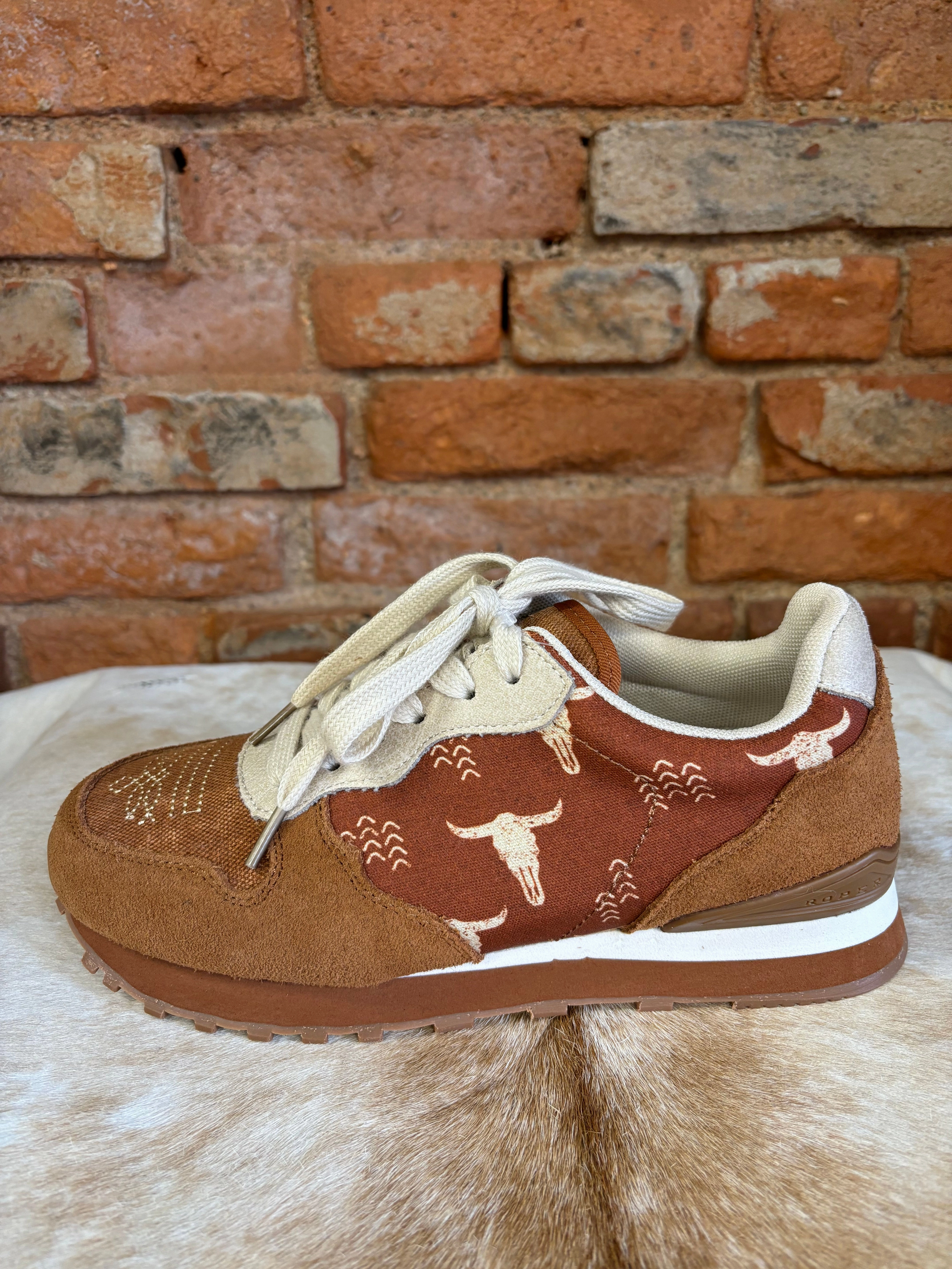 Roper Women's Cognac Giddyup Longhorn Suede & Canvas Jogger Shoe 1797-3538 Brave Walk