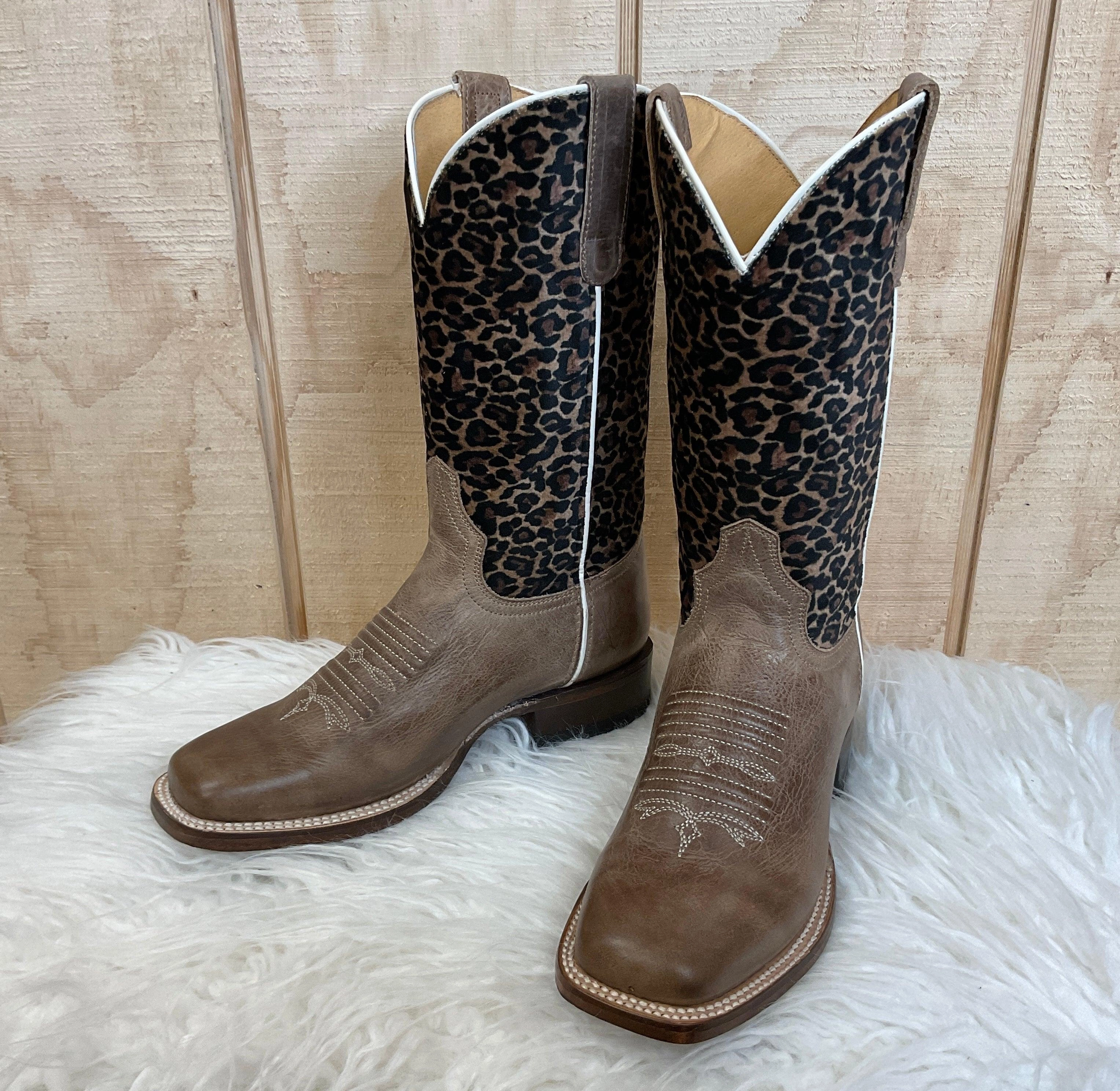 Roper Women's Waxy Brown Leather & Cheetah Top Square Toe Cowgirl Boots 7016-8260 Multi Terrain Classic Fit