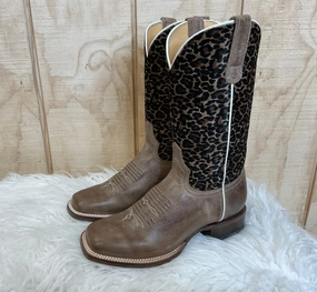 Light Weight Rain Ready Roper Women's Waxy Brown Leather & Cheetah Top Square Toe Cowgirl Boots 7016-8260
