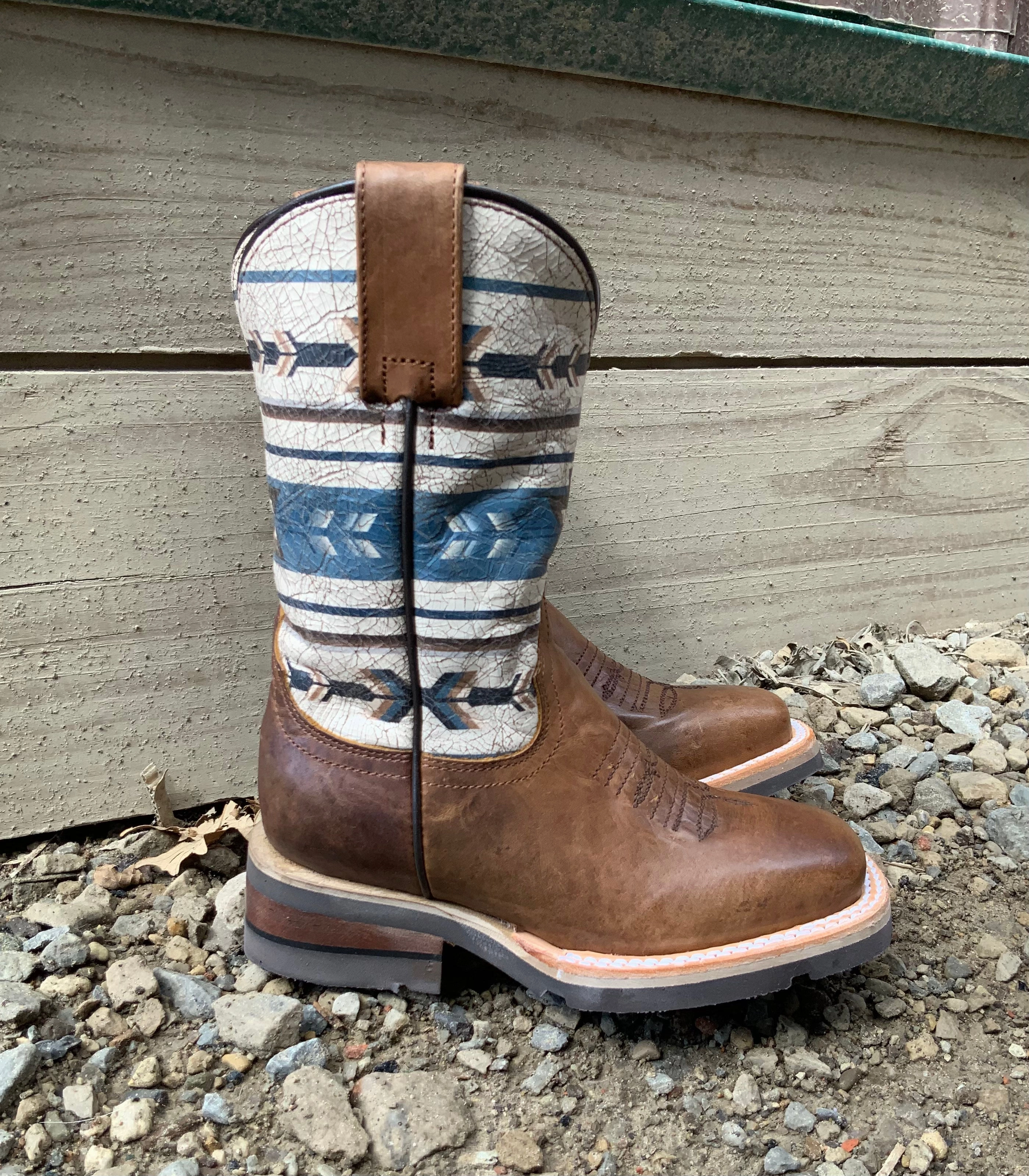 EverydayUse Year Round Roper Youth Burnished Tan Leather w/ Aztec Design Top Square Toe Western Cowboy Boot 7019-8424