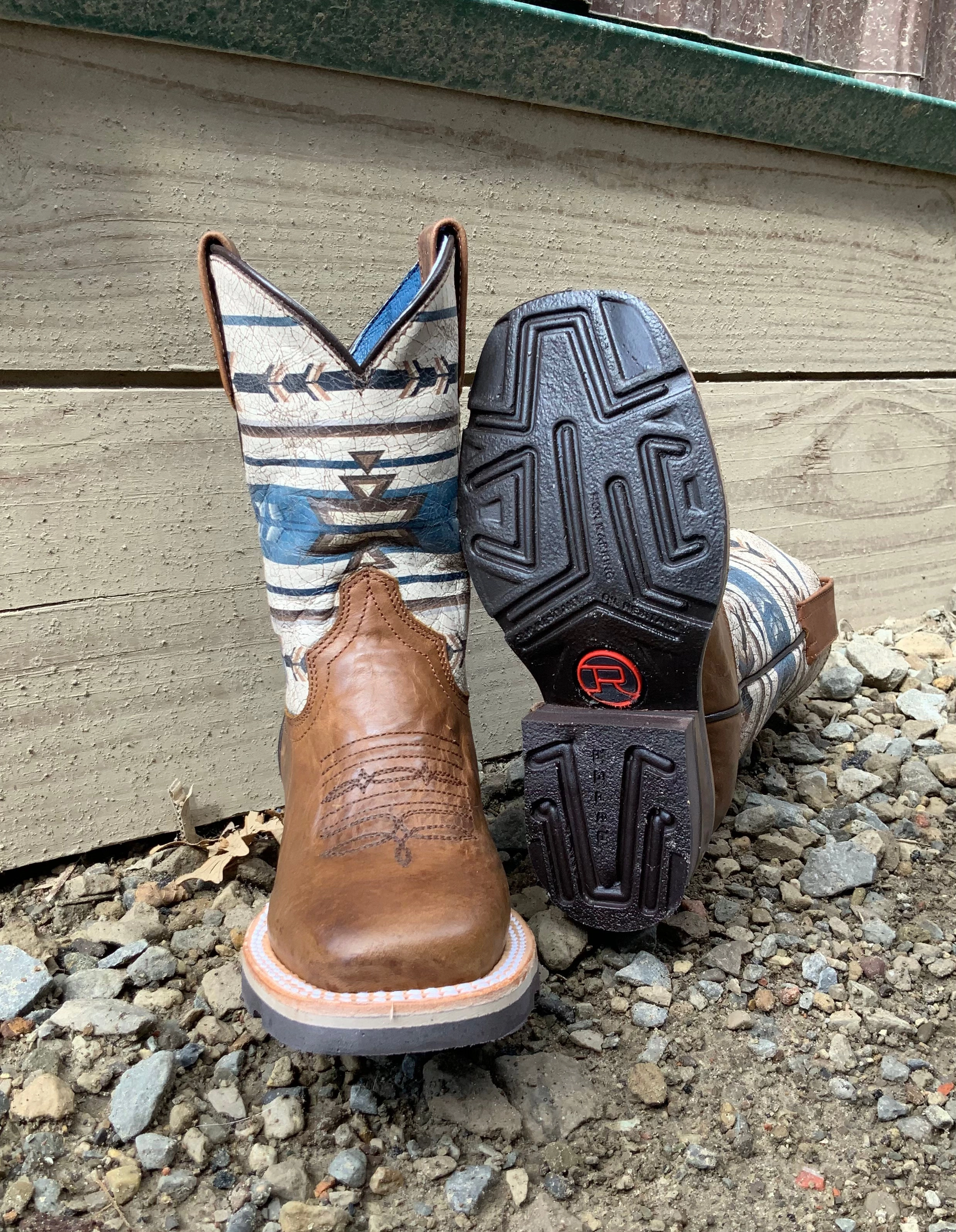 Puddle Safe Roper Youth Burnished Tan Leather w/ Aztec Design Top Square Toe Western Cowboy Boot 7019-8424