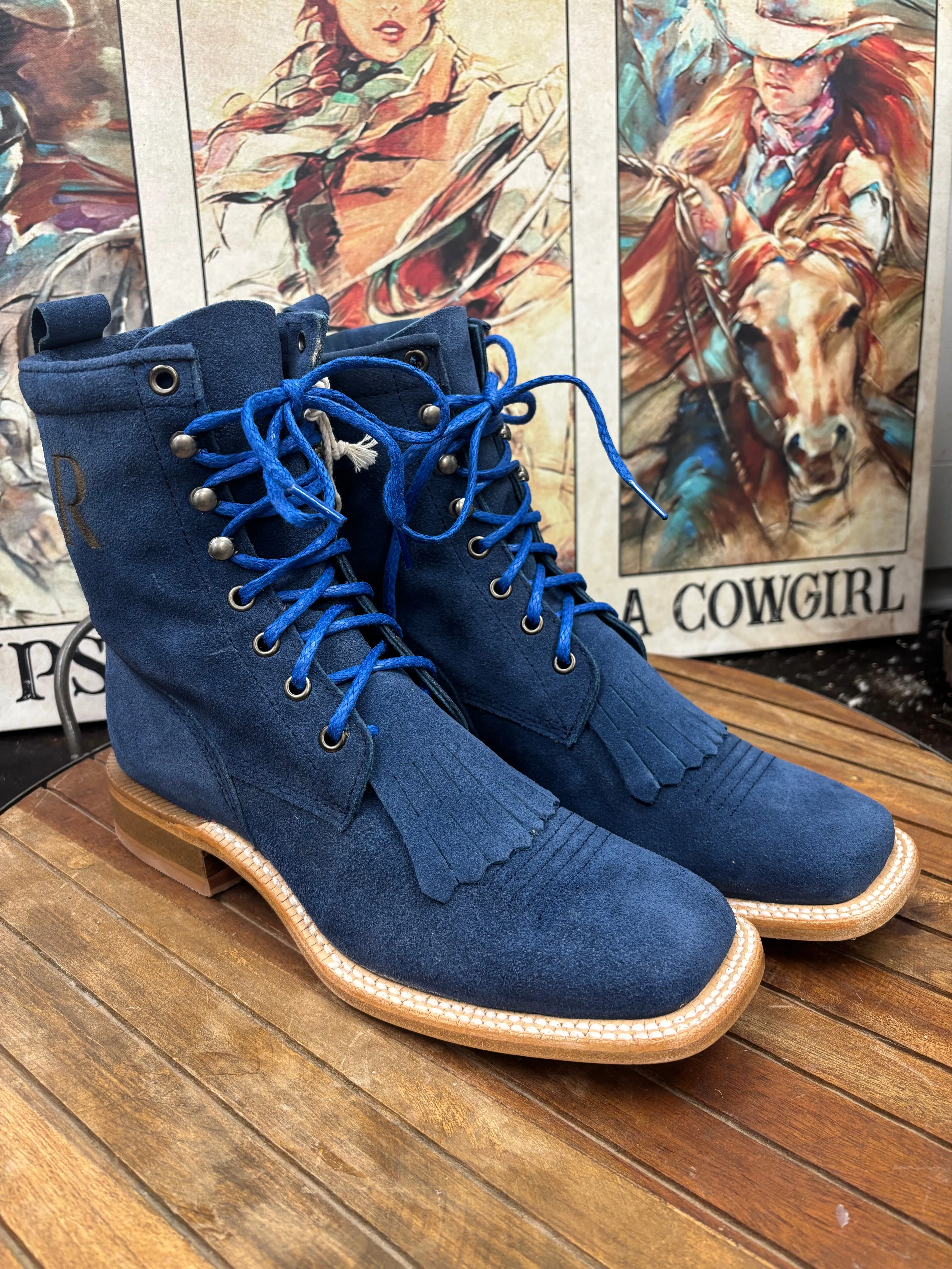 R. Watson Women's Royal Blue Roughout Square Toe Lacer Boots Roper Boots RWL8918-2 Functional