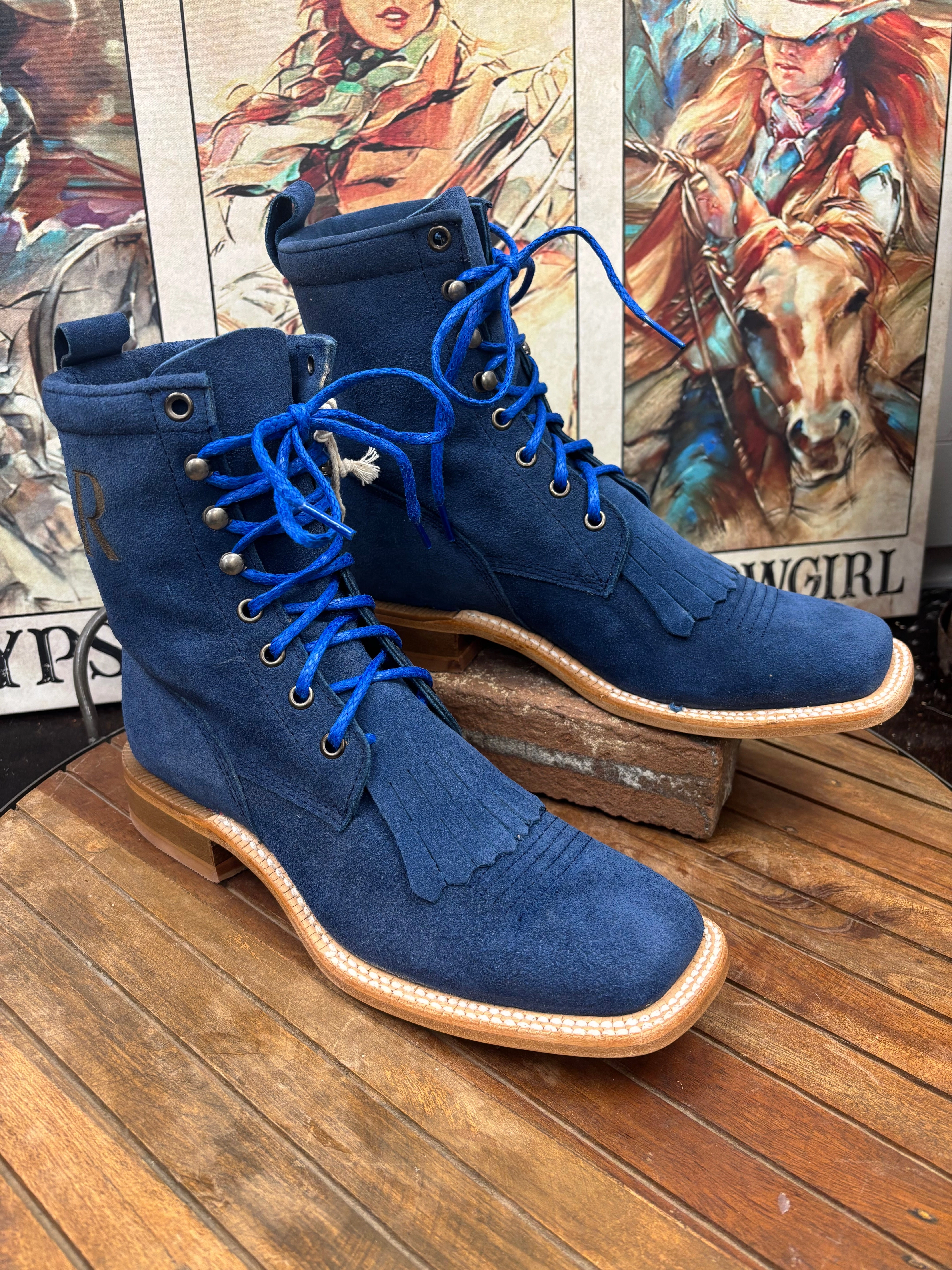 Steel Toe R. Watson Women's Royal Blue Roughout Square Toe Lacer Boots Roper Boots RWL8918-2