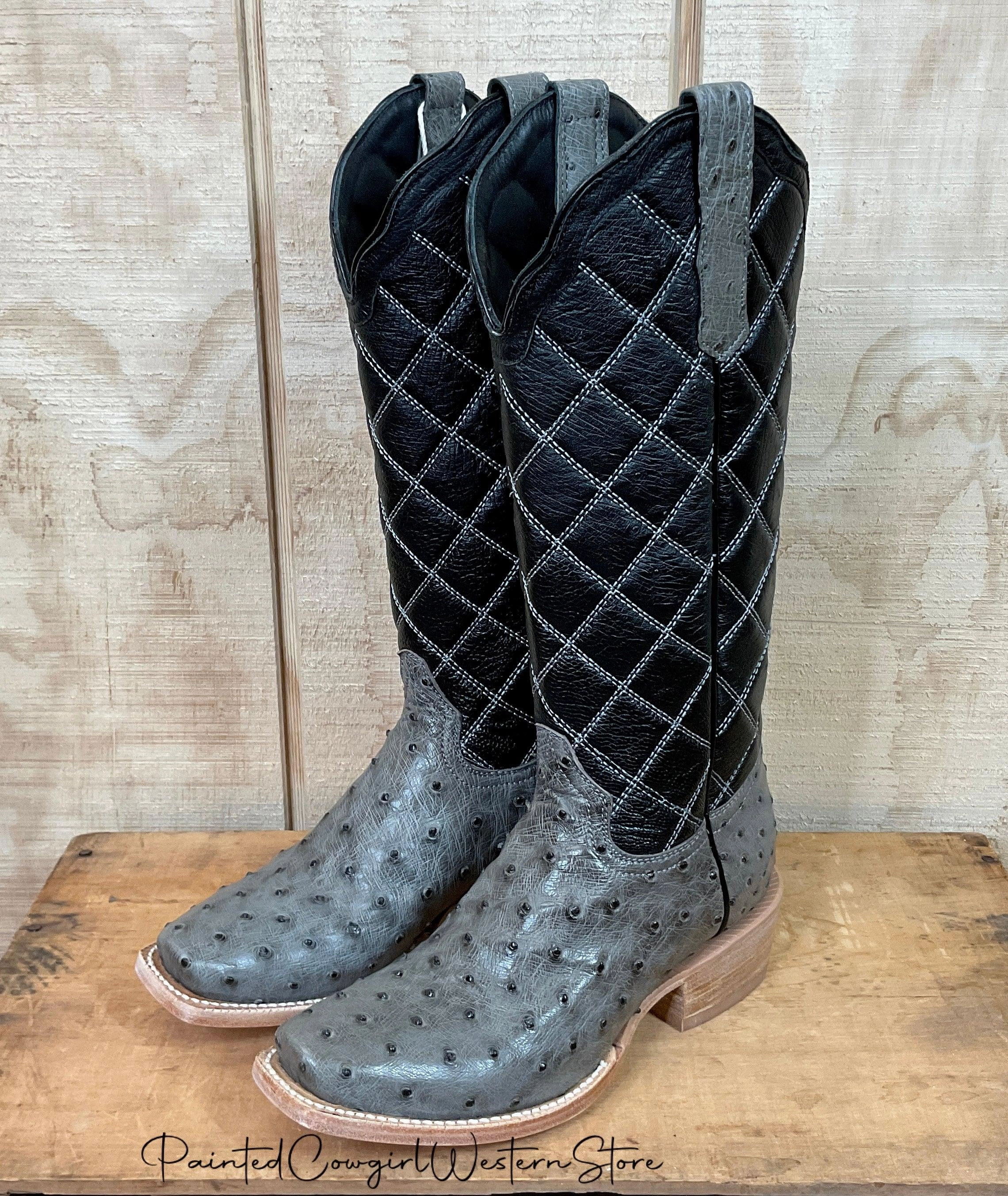 Hill Climb Walking Comfort R. Watson Women's Serpentine Grey Full Quill Ostrich Cutter Toe Boots RWL4992-1