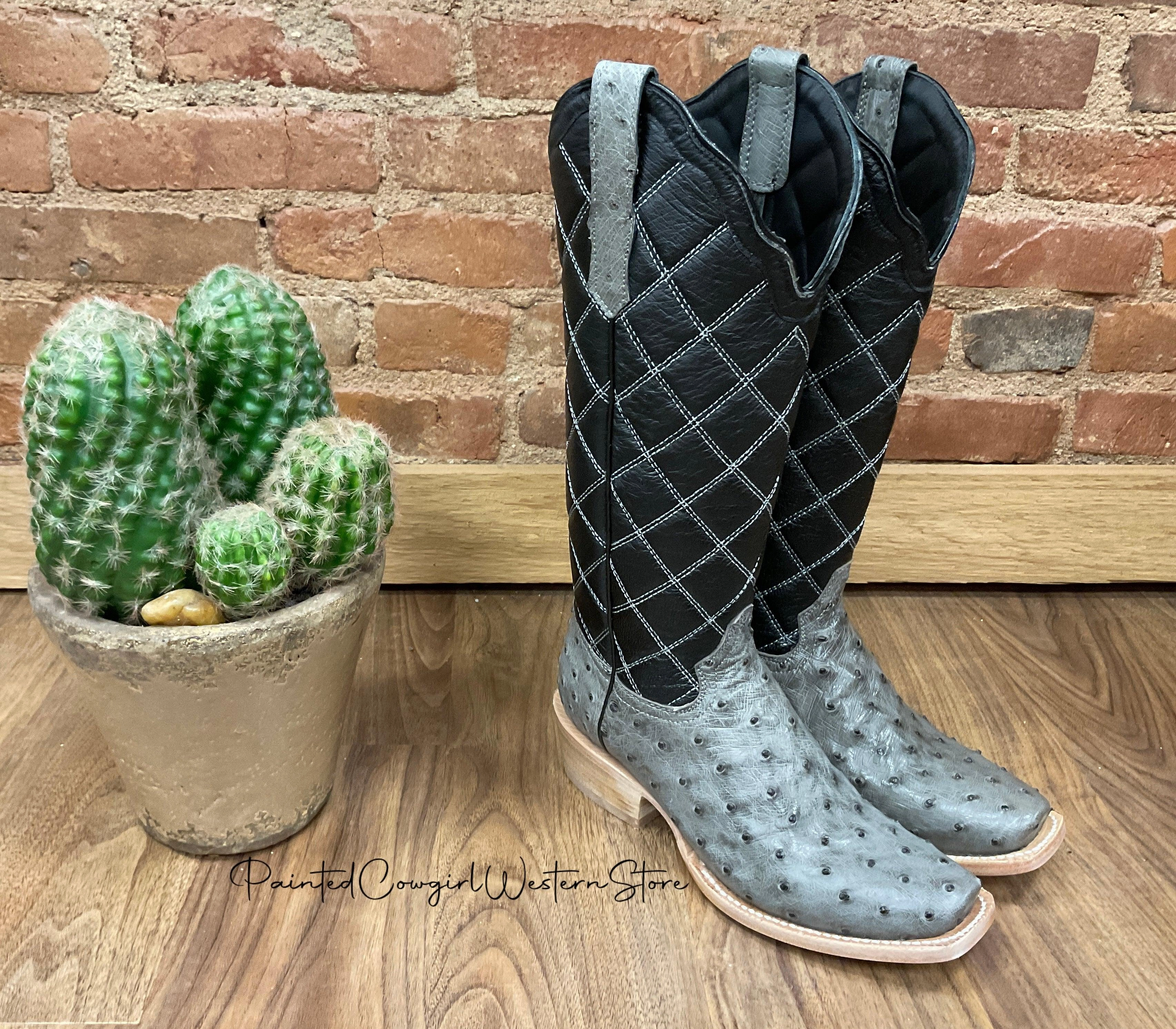 R. Watson Women's Serpentine Grey Full Quill Ostrich Cutter Toe Boots RWL4992-1 Timeless Quality