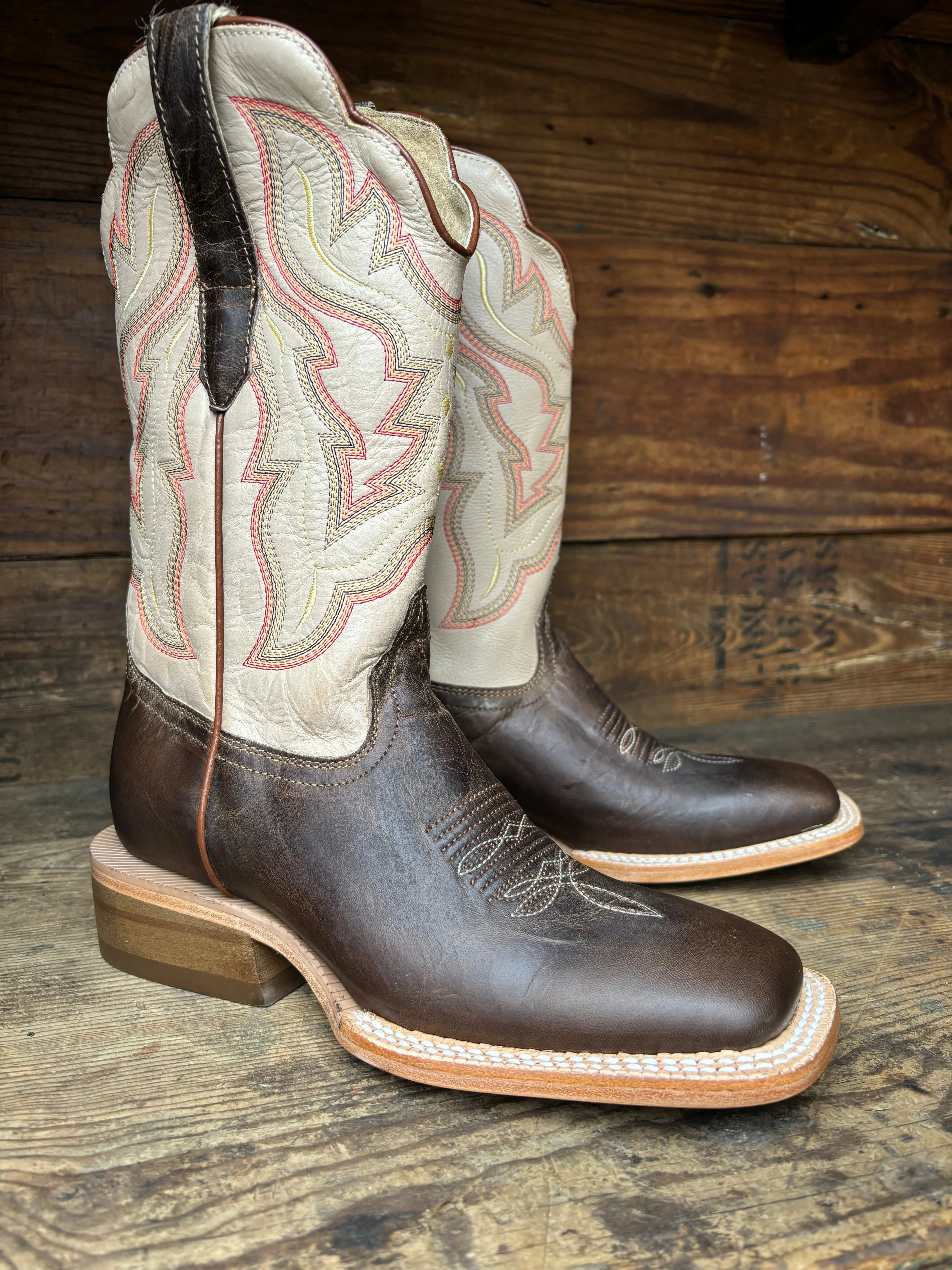 RW Ranch by R. Watson Women's Ivory Top & Mad Brown Cowgirl Boots WRL0006-2 Firm Hold