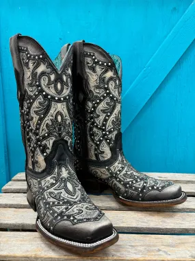 Lightweight Sole Trendsetting Style Corral Women's Black Laser Embroidered & Studs Square Toe Cowgirl Boots C4046