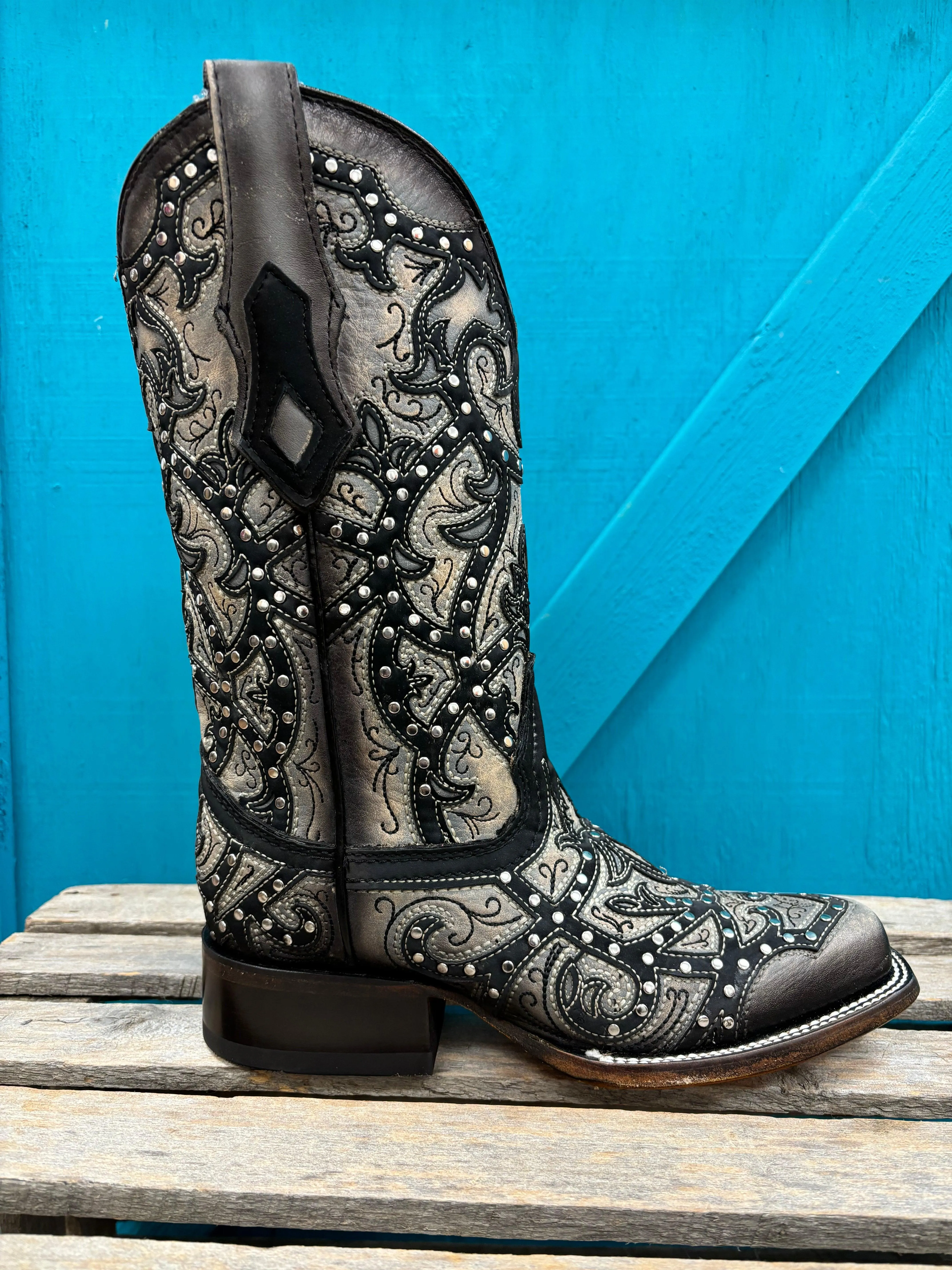 Corral Women's Black Laser Embroidered & Studs Square Toe Cowgirl Boots C4046 Resort Mode Bootie Cut