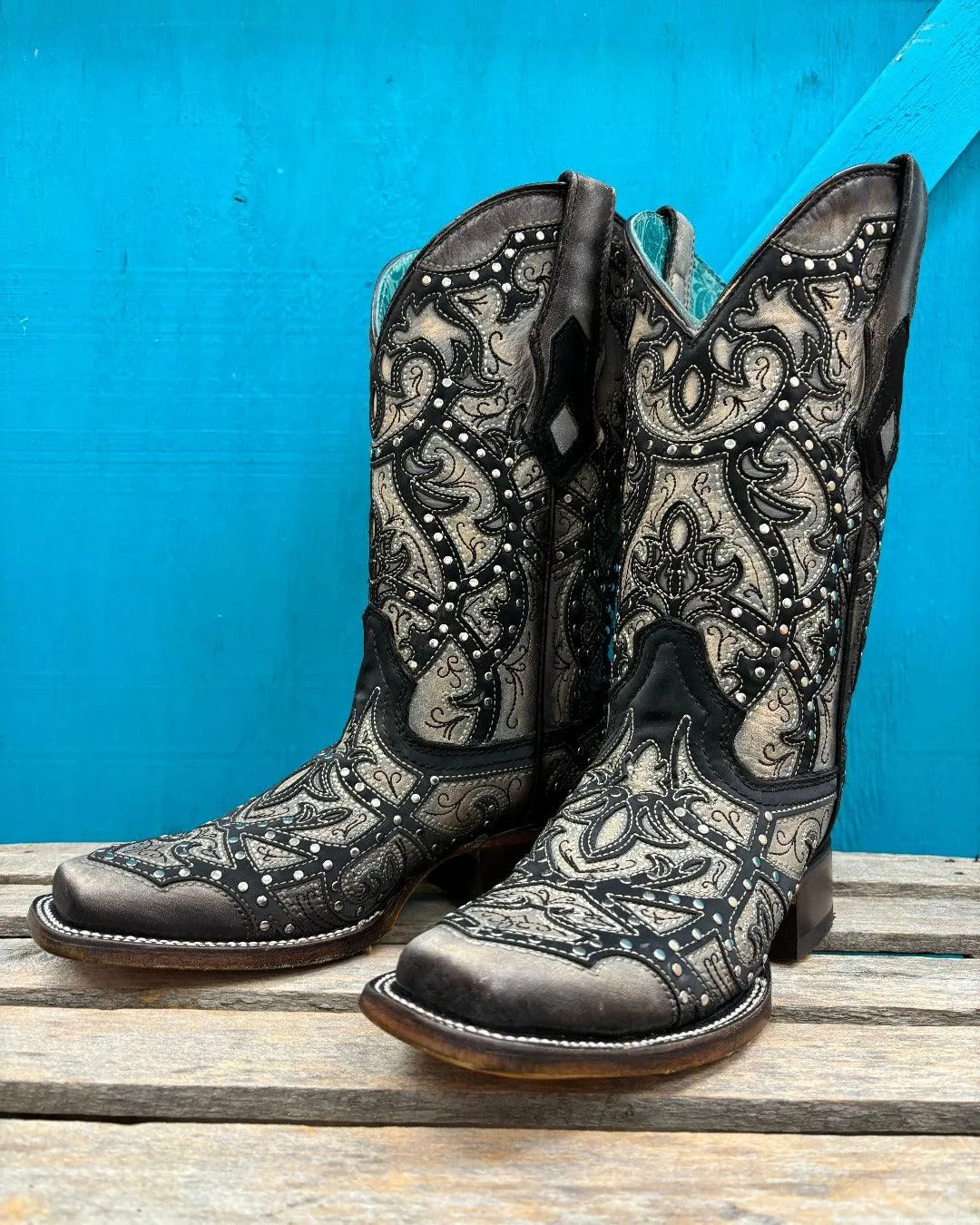 Corral Women's Black Laser Embroidered & Studs Square Toe Cowgirl Boots C4046 Eco Friendly