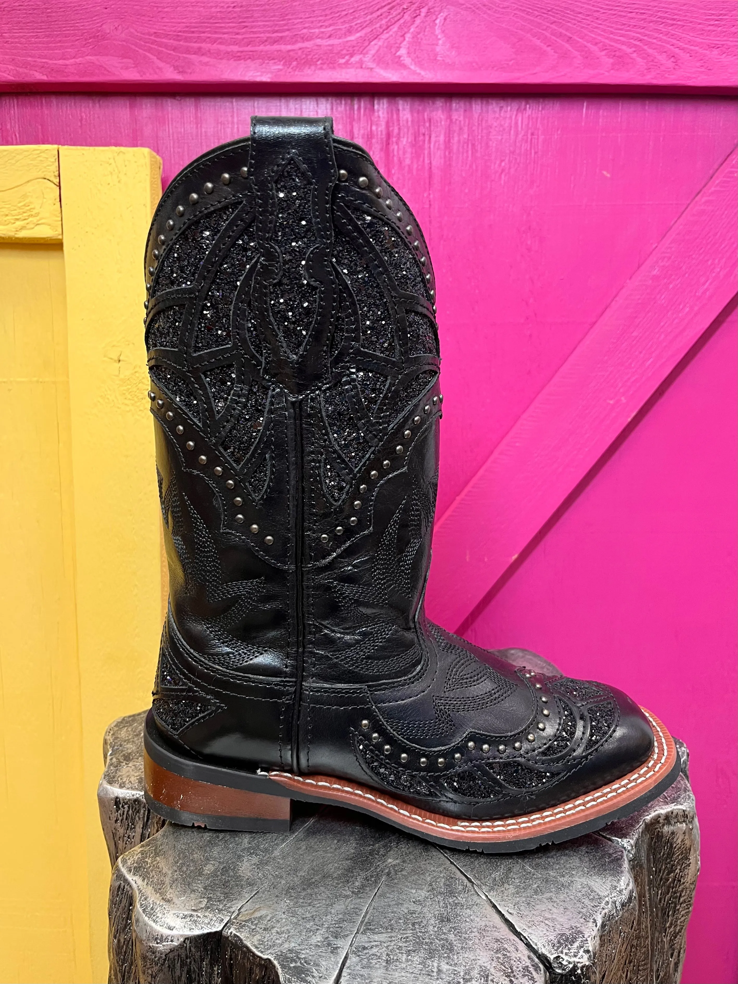 Laredo Women's Eternity Black Glitter Underlay w/Studs Square Toe Cowgirl Boots 5970 Outdoor Lifestyle