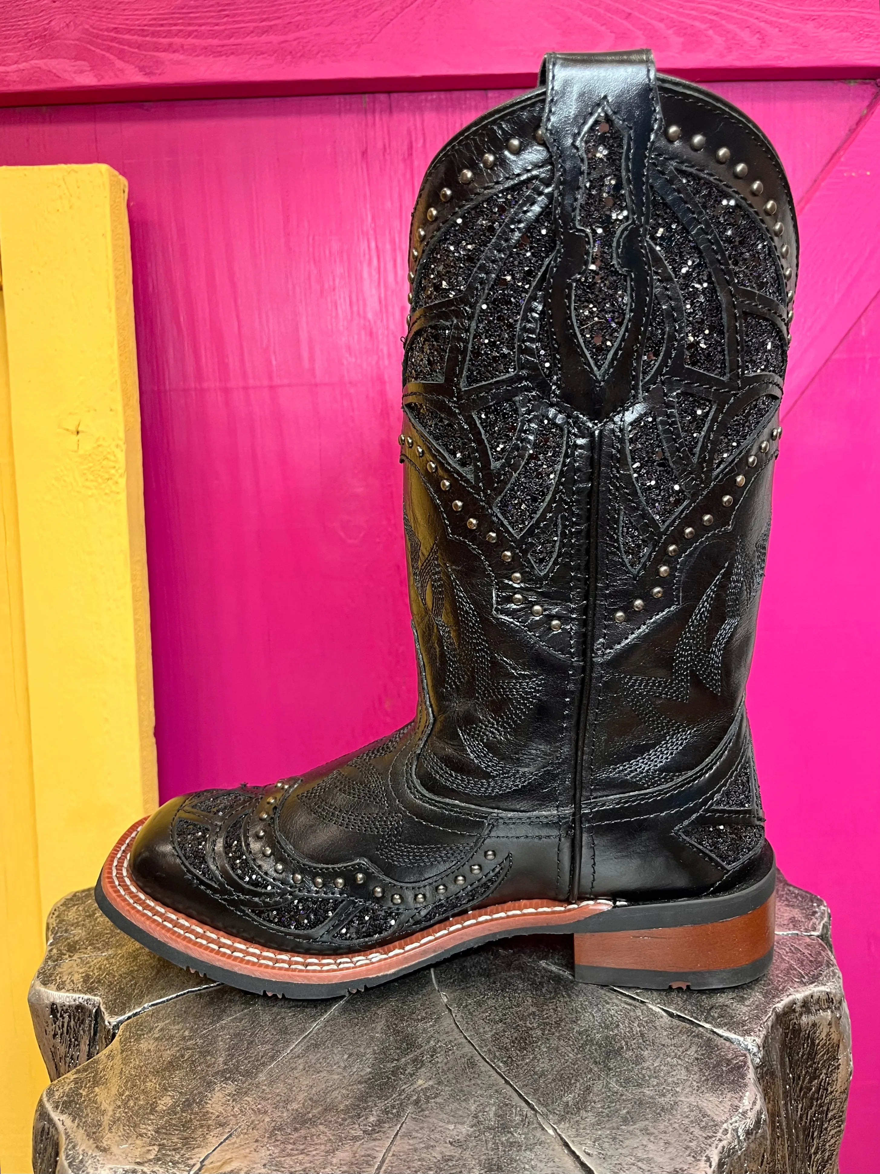 Laredo Women's Eternity Black Glitter Underlay w/Studs Square Toe Cowgirl Boots 5970 Comfortable Tongue Rain Shield