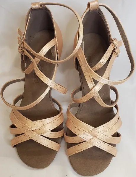 3.38" Carla -- Flare Heel Latin Sandal -- Light Tan Satin Stretch Fabric Weekend Trip