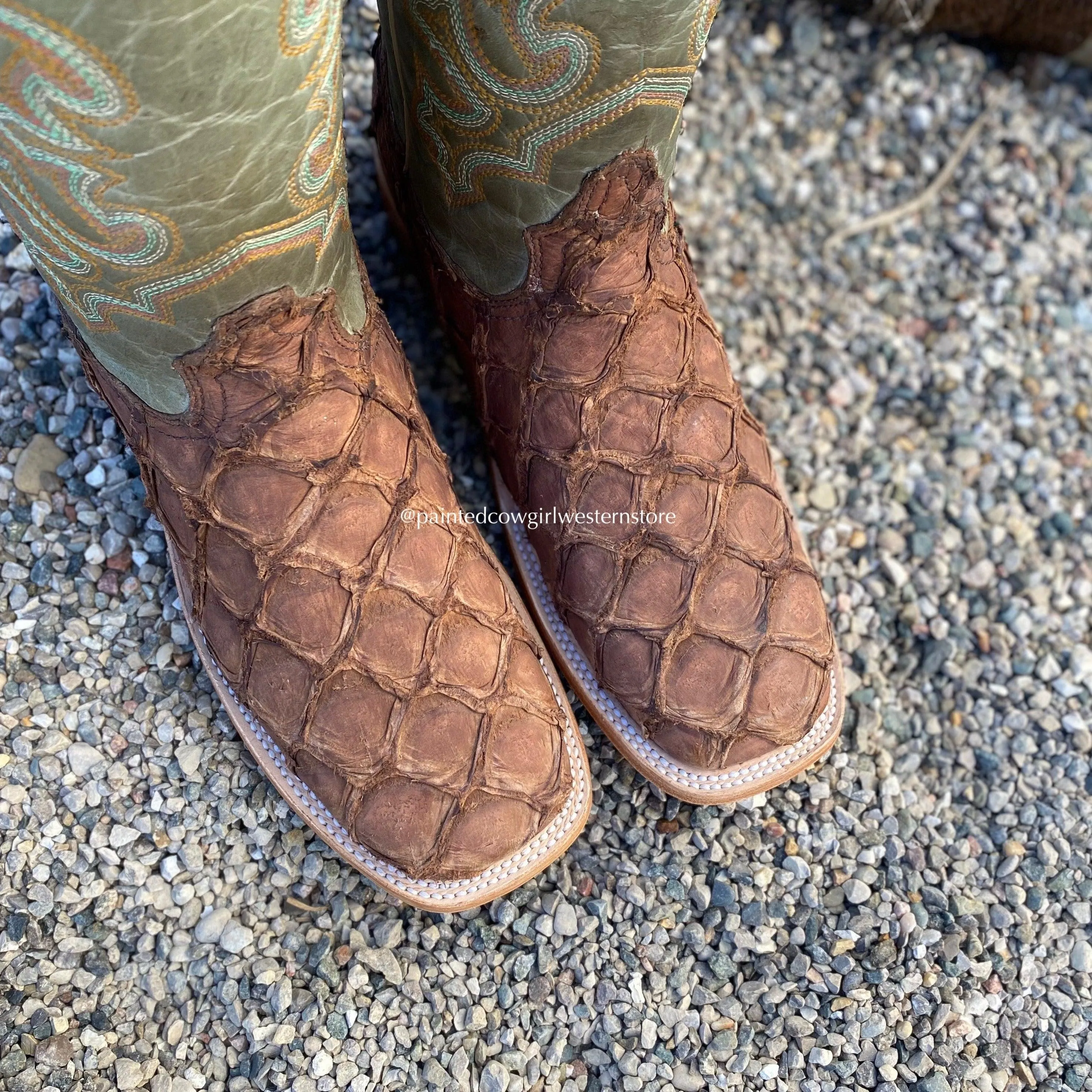 Corral Men's Brown Big Bass Pirarucu Fish with Green Top Square Toe Cowboy Boots A4048 Chelsea Design Ultimate Wear