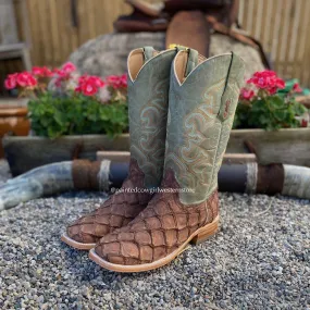 Shockproof Festival Ground Corral Men's Brown Big Bass Pirarucu Fish with Green Top Square Toe Cowboy Boots A4048