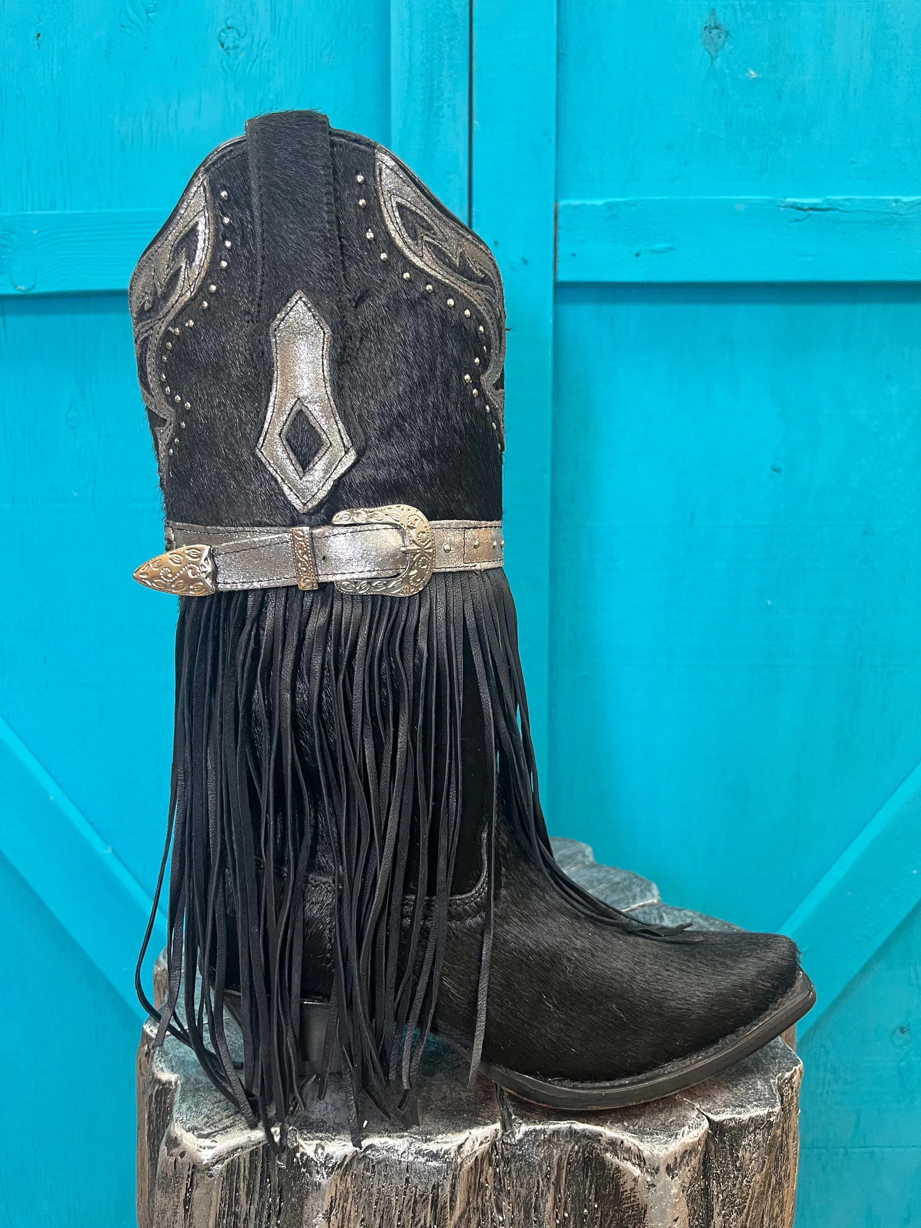 Shock   Absorbing Corral Women's Fringed Black Hair-On Hide Cowgirl Boots C4082