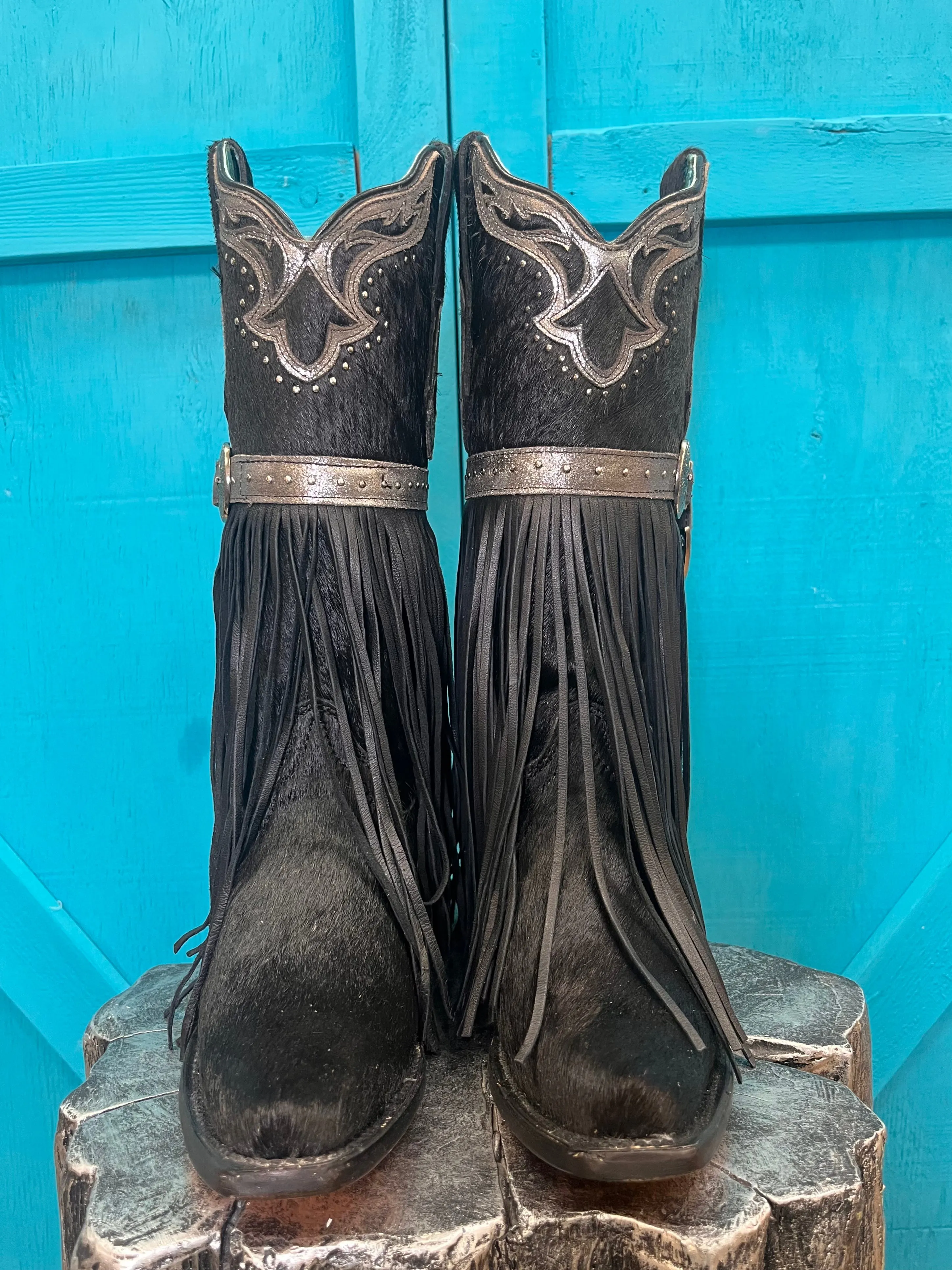 Sweat Wicking Durable Grip Corral Women's Fringed Black Hair-On Hide Cowgirl Boots C4082