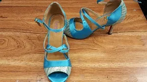 Work Quick Step 3" Floralee -- Women's Flare Heel Latin Sandal -- Teal Satin/Gold Snake