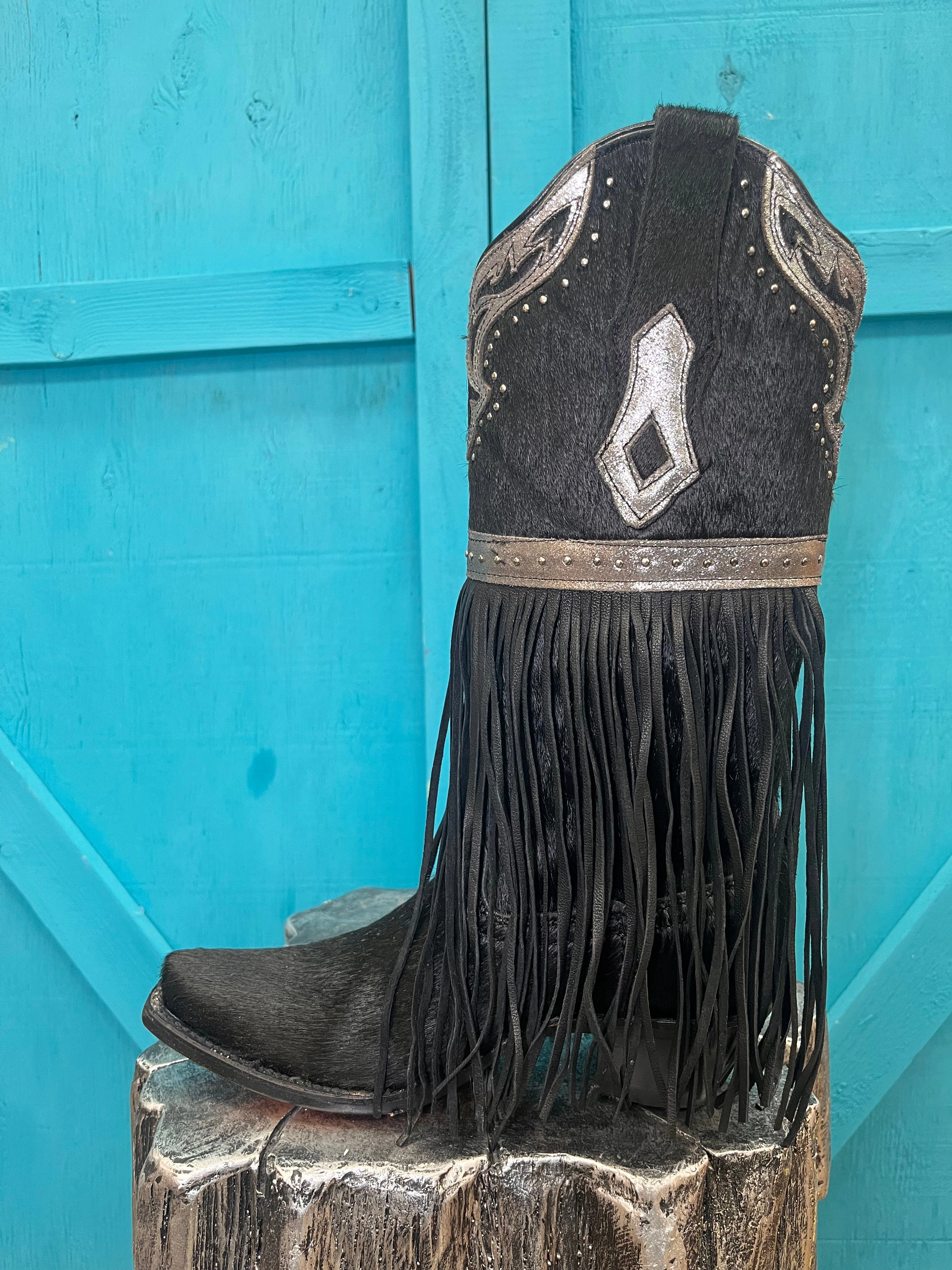 Corral Women's Fringed Black Hair-On Hide Cowgirl Boots C4082 Velvet Texture
