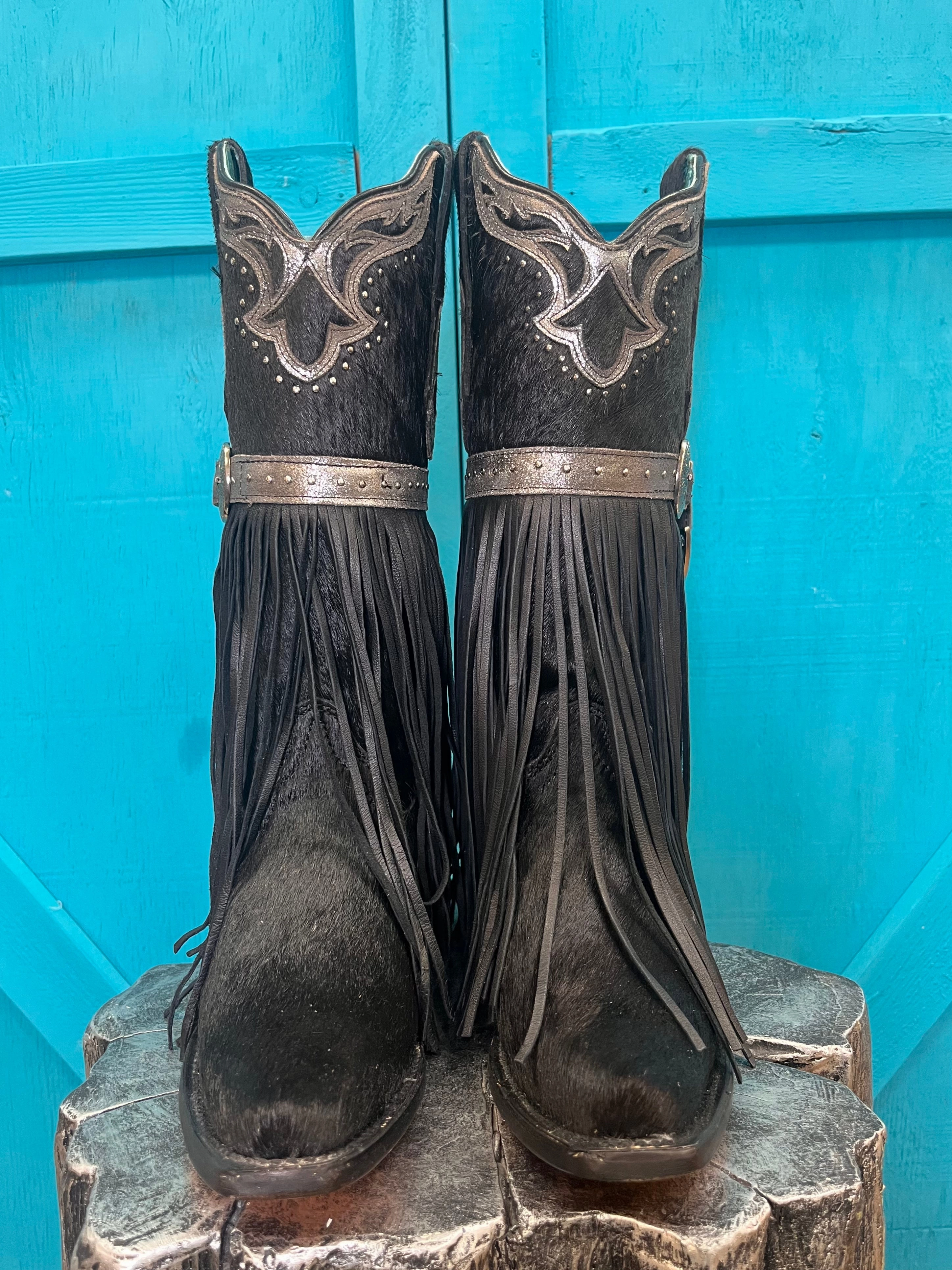 Sweat Wicking Durable Grip Corral Women's Fringed Black Hair-On Hide Cowgirl Boots C4082