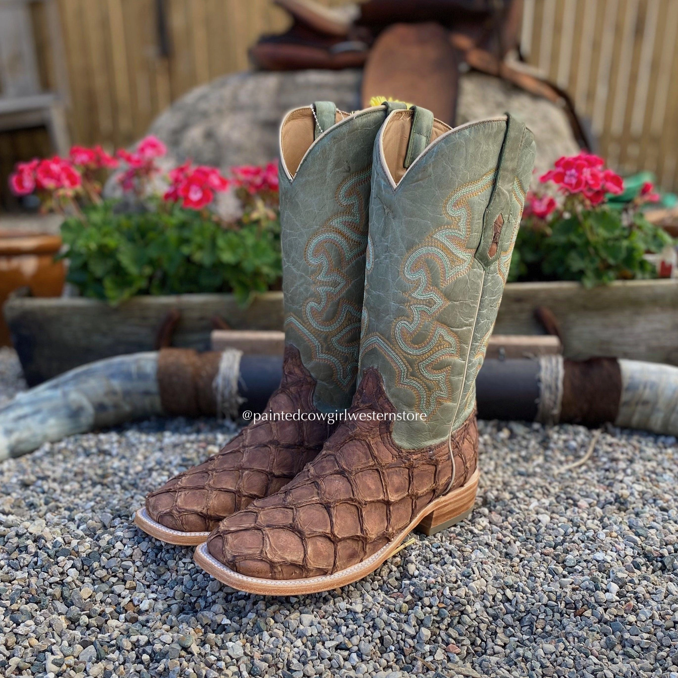 Shockproof Festival Ground Corral Men's Brown Big Bass Pirarucu Fish with Green Top Square Toe Cowboy Boots A4048