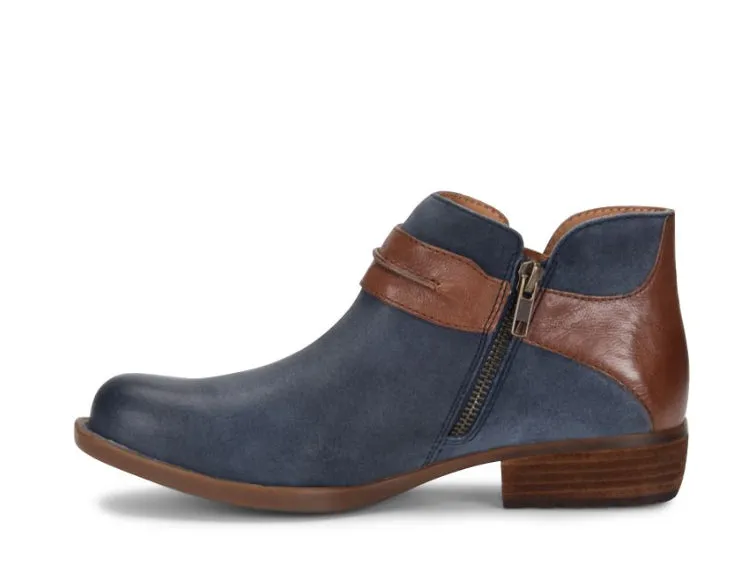 Born Women's Kati Dark Blue Tan Leather Combo Ankle Bootie Shoe BR0040474-BLU Bold Design Combat Look