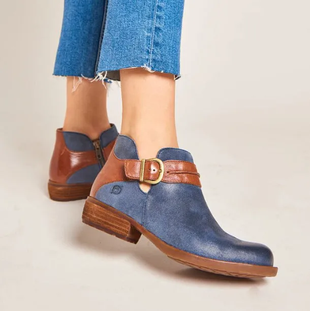 Born Women's Kati Dark Blue Tan Leather Combo Ankle Bootie Shoe BR0040474-BLU Construction Fit