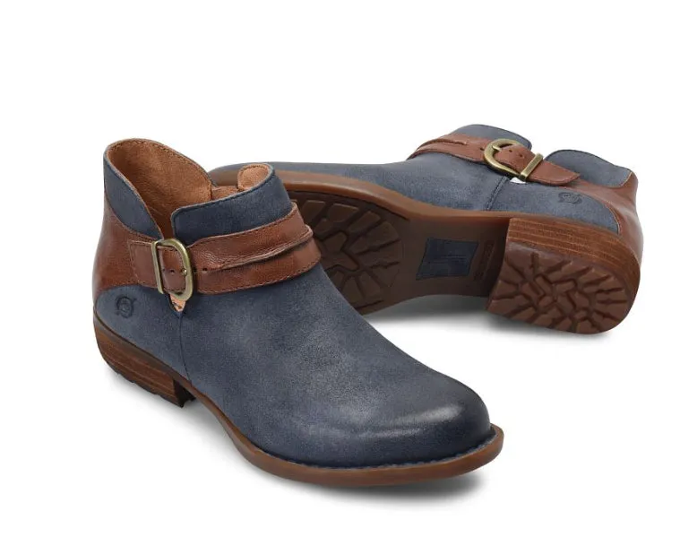 Born Women's Kati Dark Blue Tan Leather Combo Ankle Bootie Shoe BR0040474-BLU Western Style