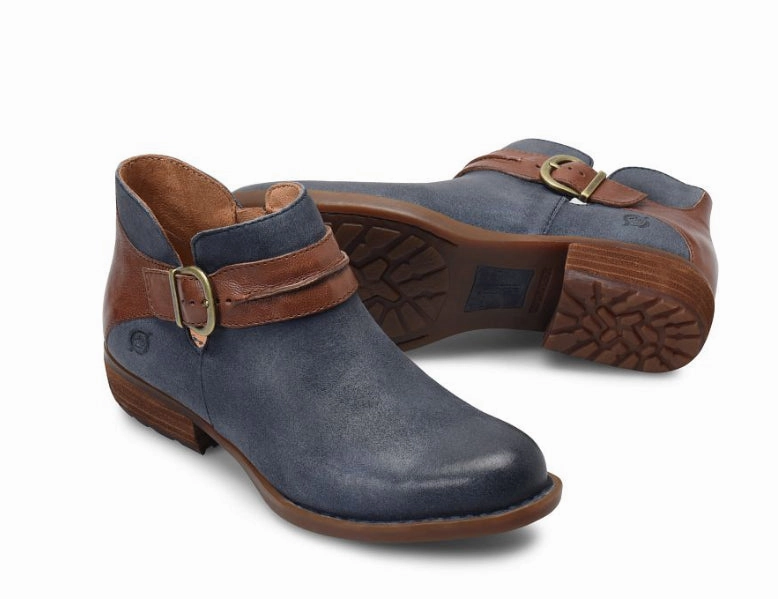 Born Women's Kati Dark Blue Tan Leather Combo Ankle Bootie Shoe BR0040474-BLU Rubber Outsole