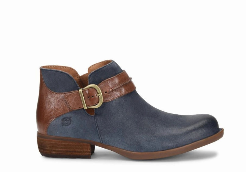 Born Women's Kati Dark Blue Tan Leather Combo Ankle Bootie Shoe BR0040474-BLU Brave Path Weekend Ready